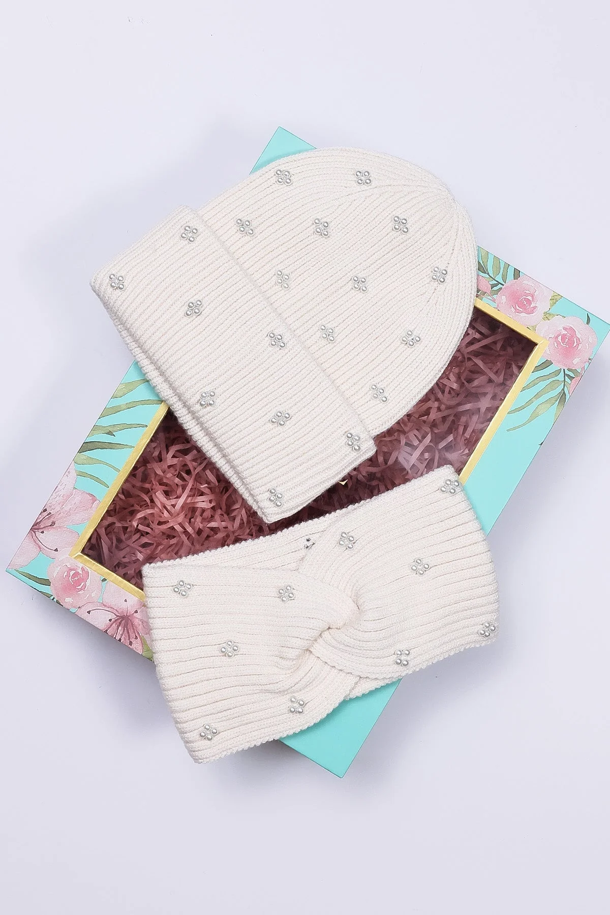 Pearl Headband and Beanie in Cream