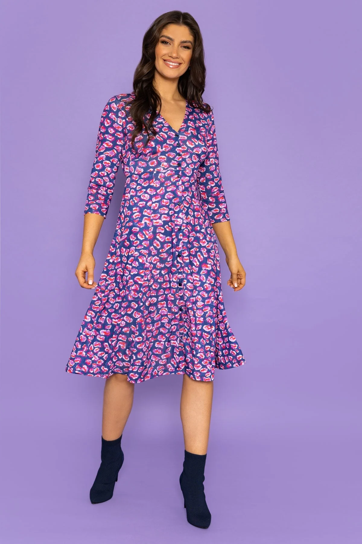 Angelina Midi Dress in Purple Print