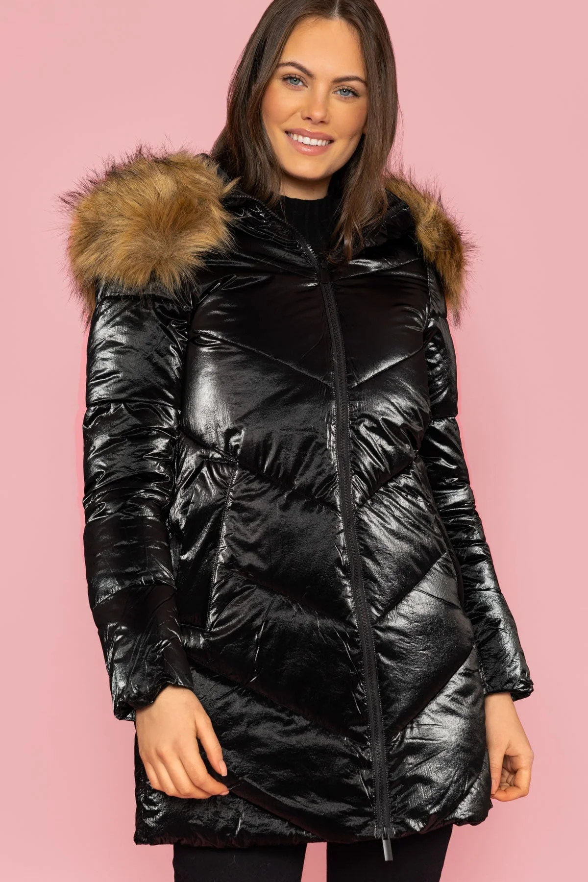 Faux Fur Hood Coat in Black