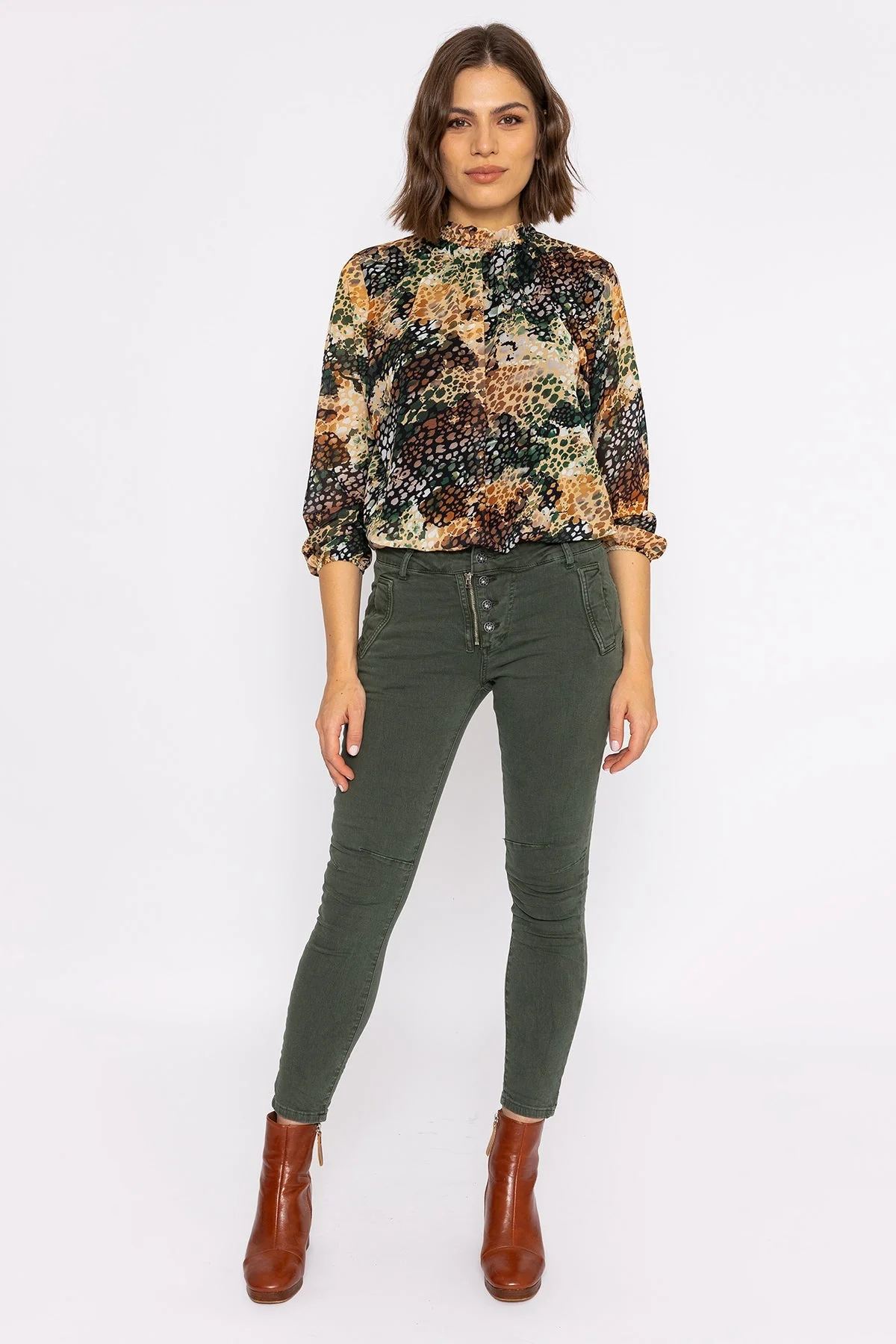 Button Front Jeans in Khaki