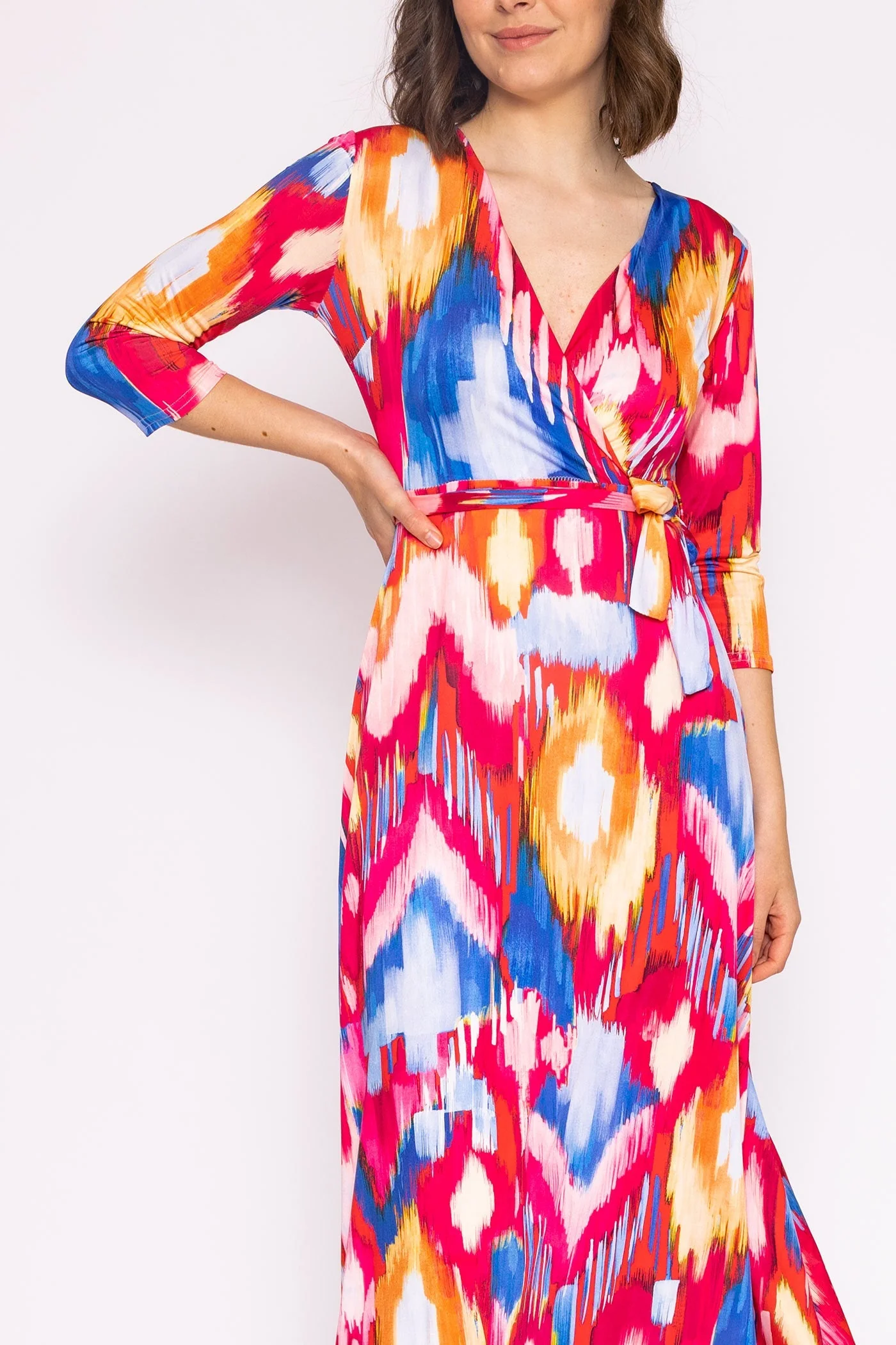 Long V-Neck Dress in Pink Print