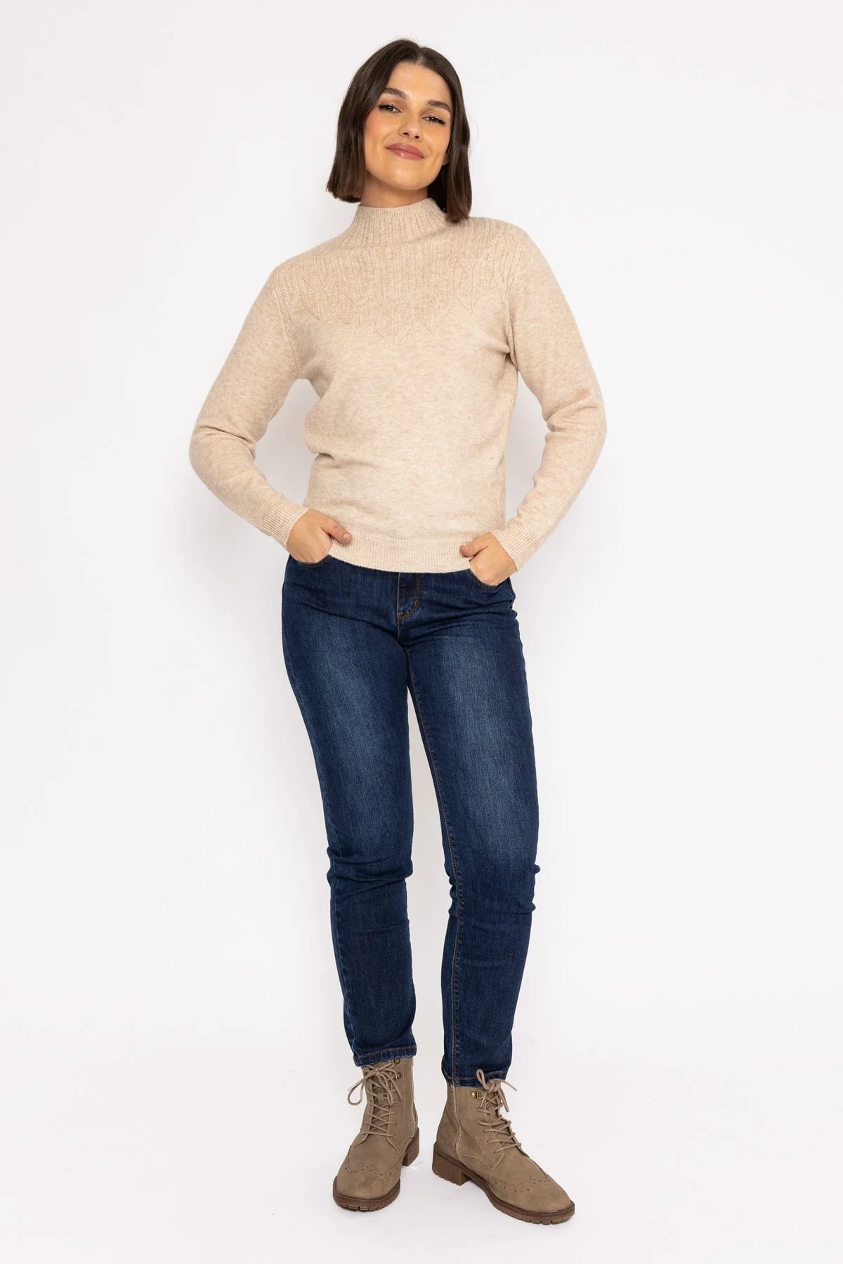 Textured High Neck Knit Ecru