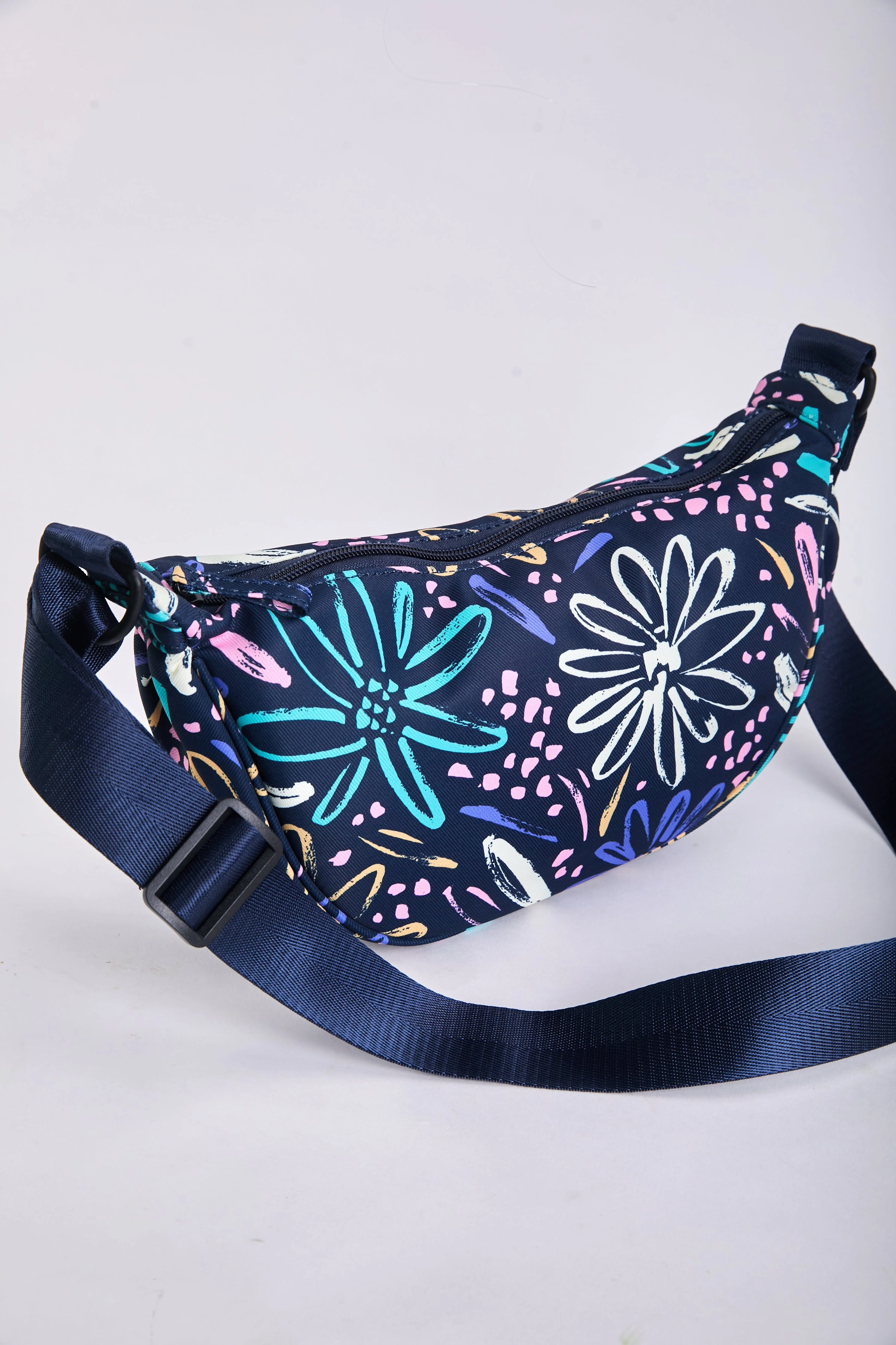 Printed Crescent Shape Crossbody in Navy