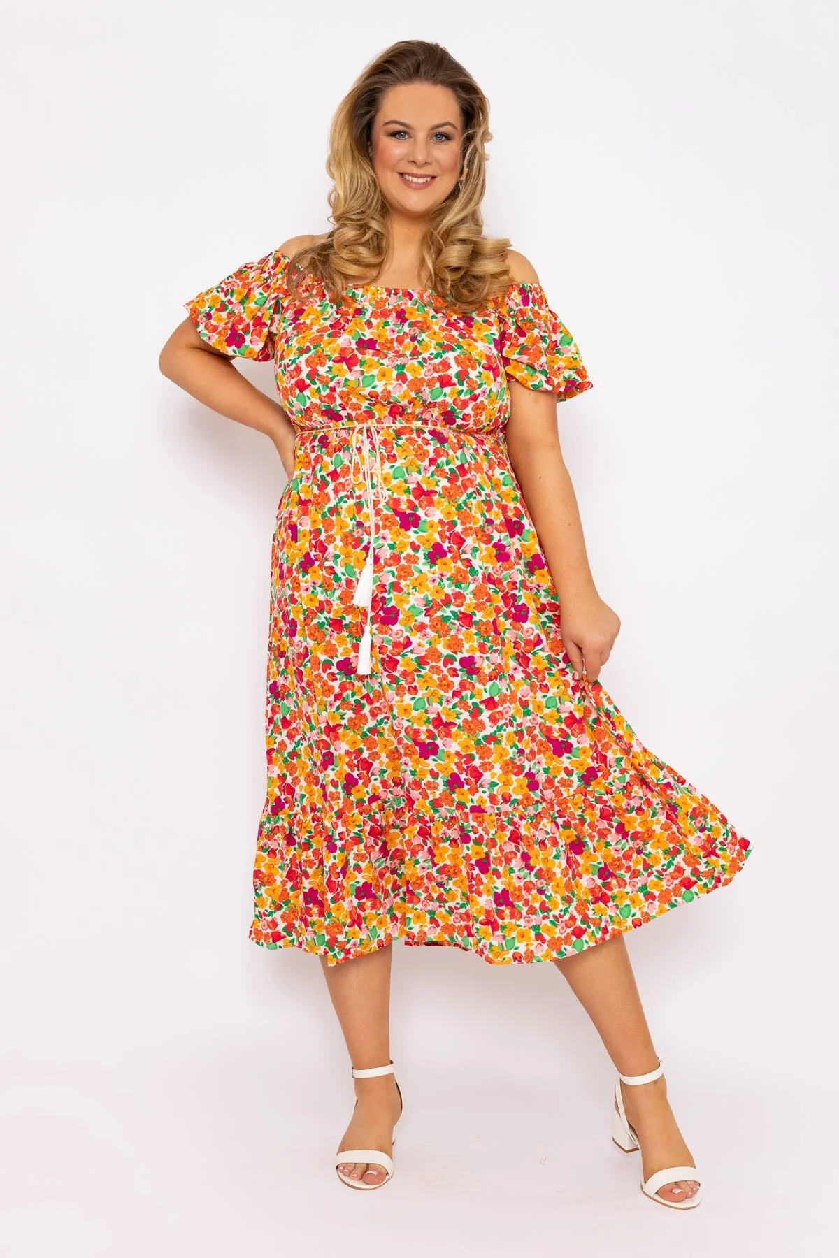 Curve - Bardot Floral Midi Dress in Multi