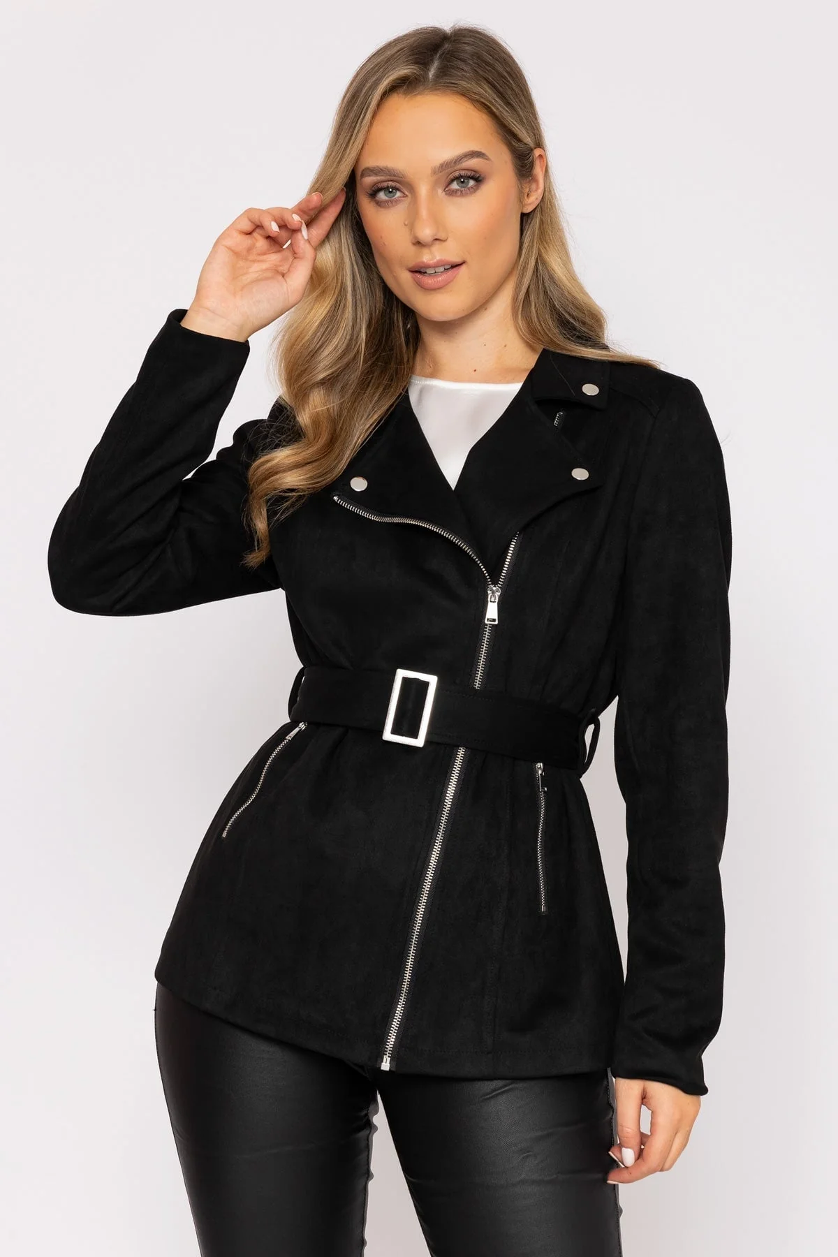 Long Line Suede Biker in Black