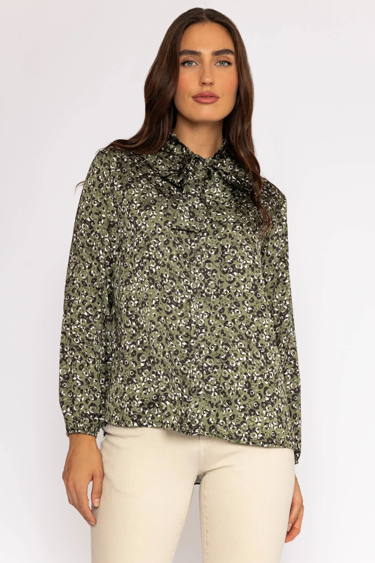 Sateen Pussybow Blouse in Khaki