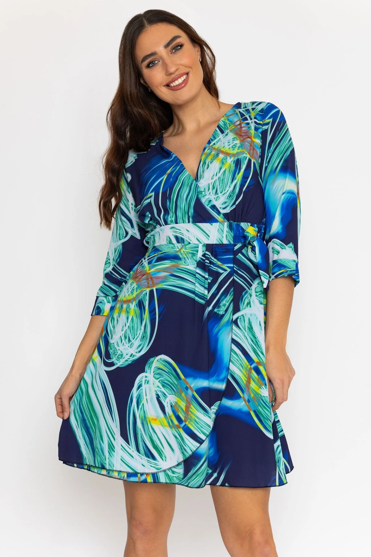 Carly Knee Length Dress in Aqua Print
