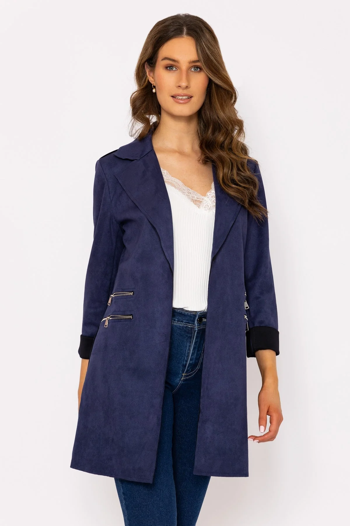 Suede Zip Detail Jacket in Navy