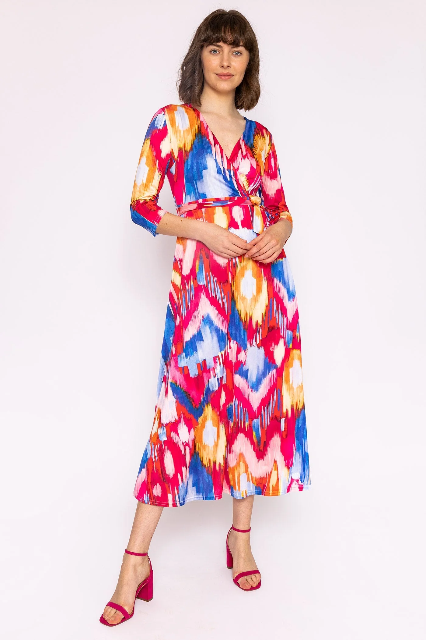 Long V-Neck Dress in Pink Print