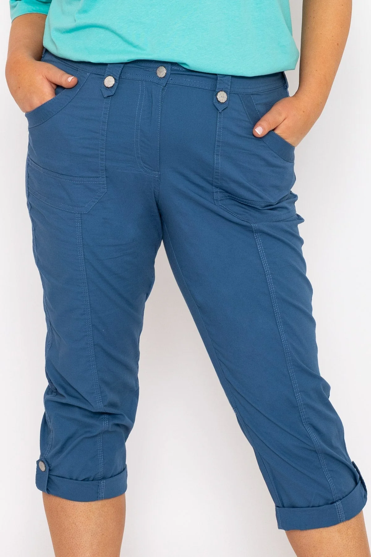 Roll-Tab Hem Stretch Cargo Pants in Blue