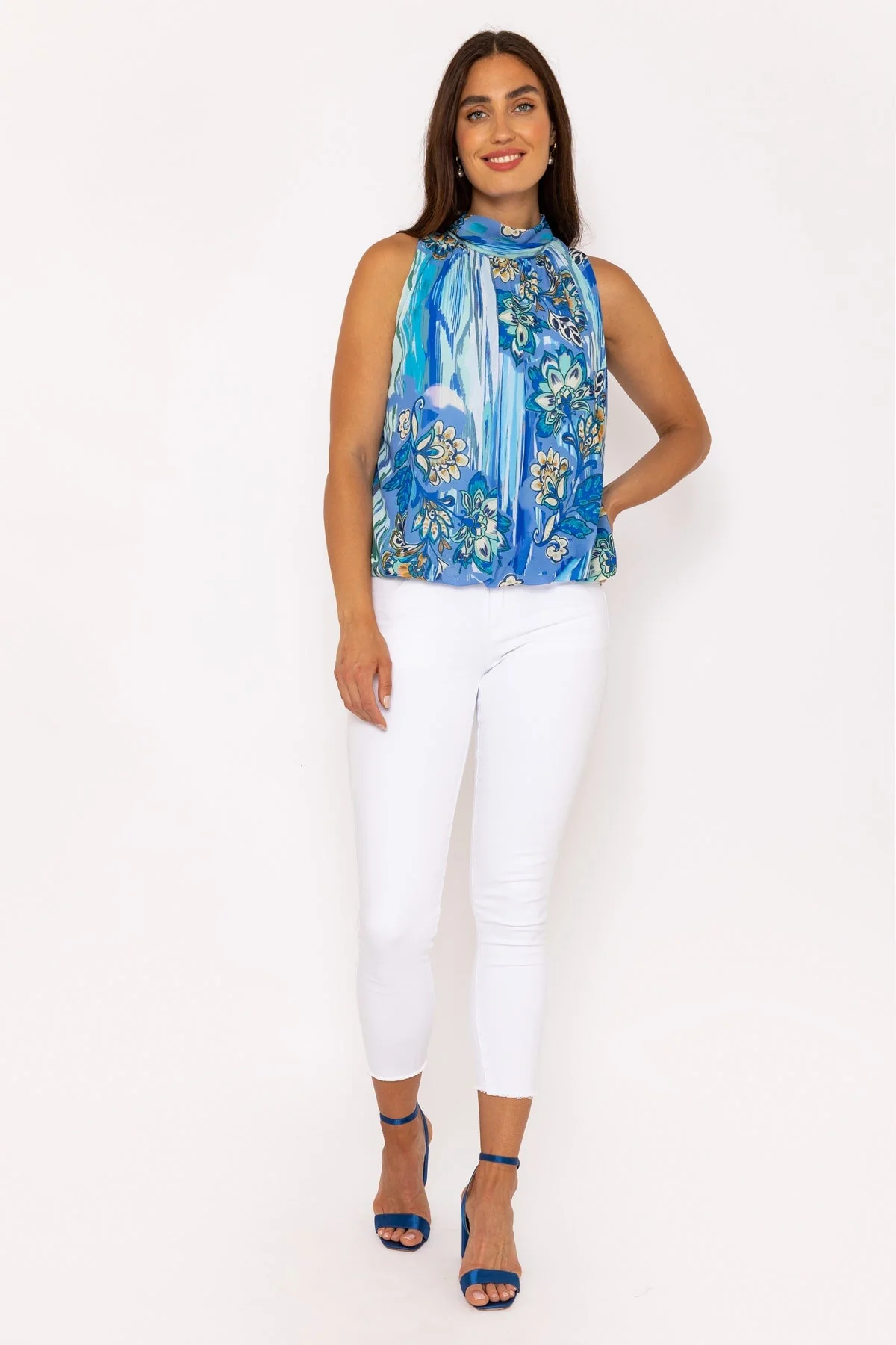 Sleeveless Halter Top in Blue Print