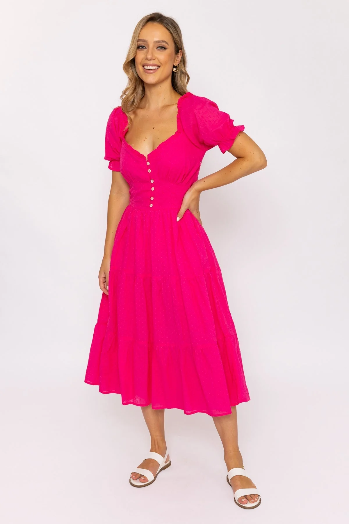 Pink Puff Sleeve Midi Dress
