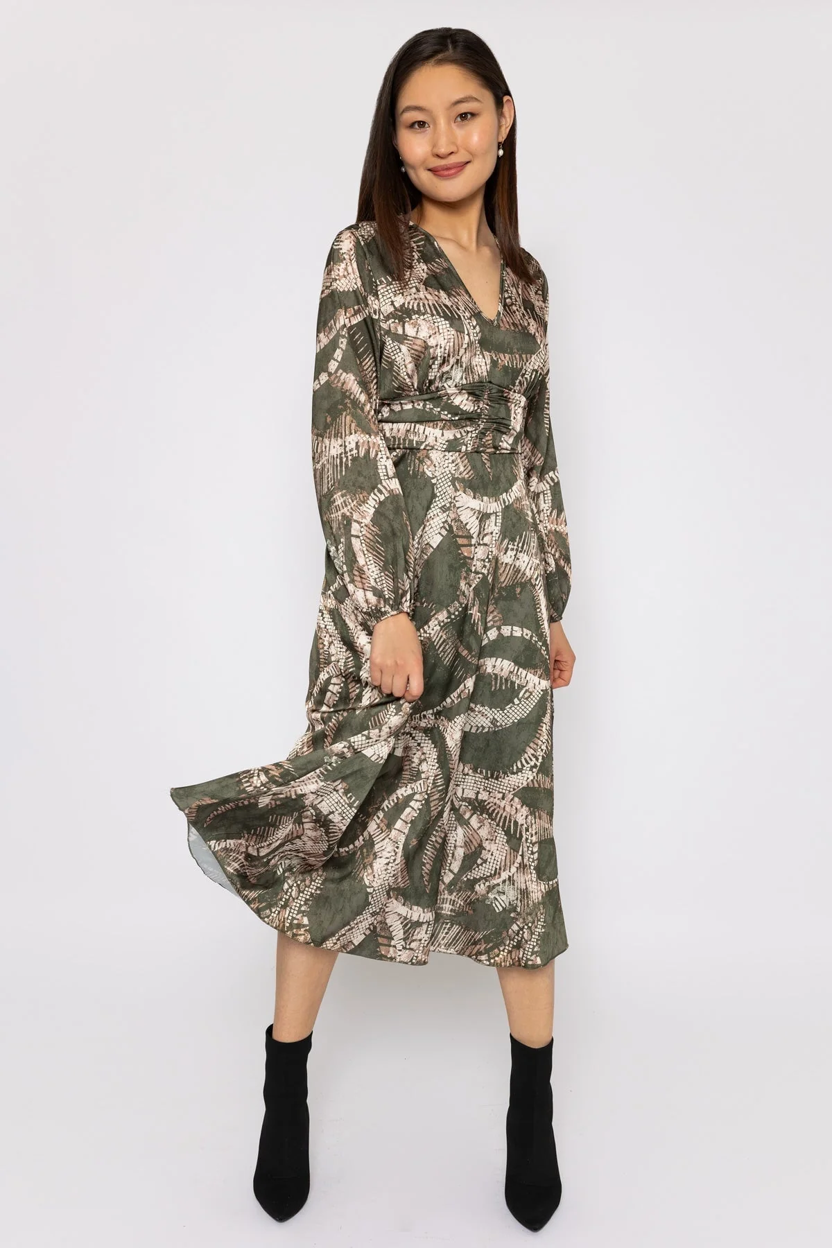 Alina Khaki Print Midi Dress