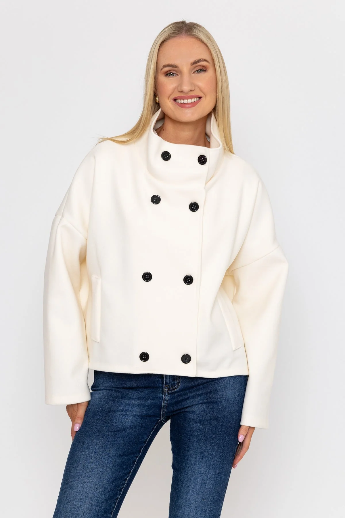 Short Funnel Neck Jacket in White