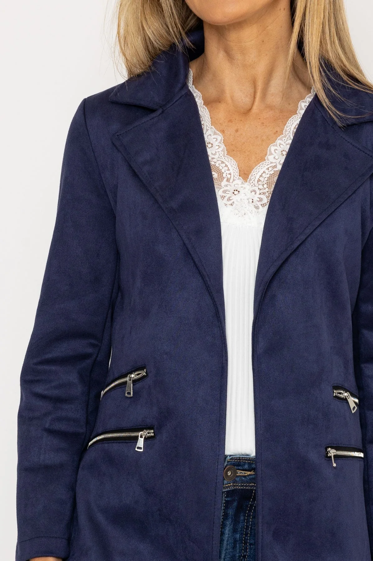 Suede 3/4 Zip Detail Jacket in Navy