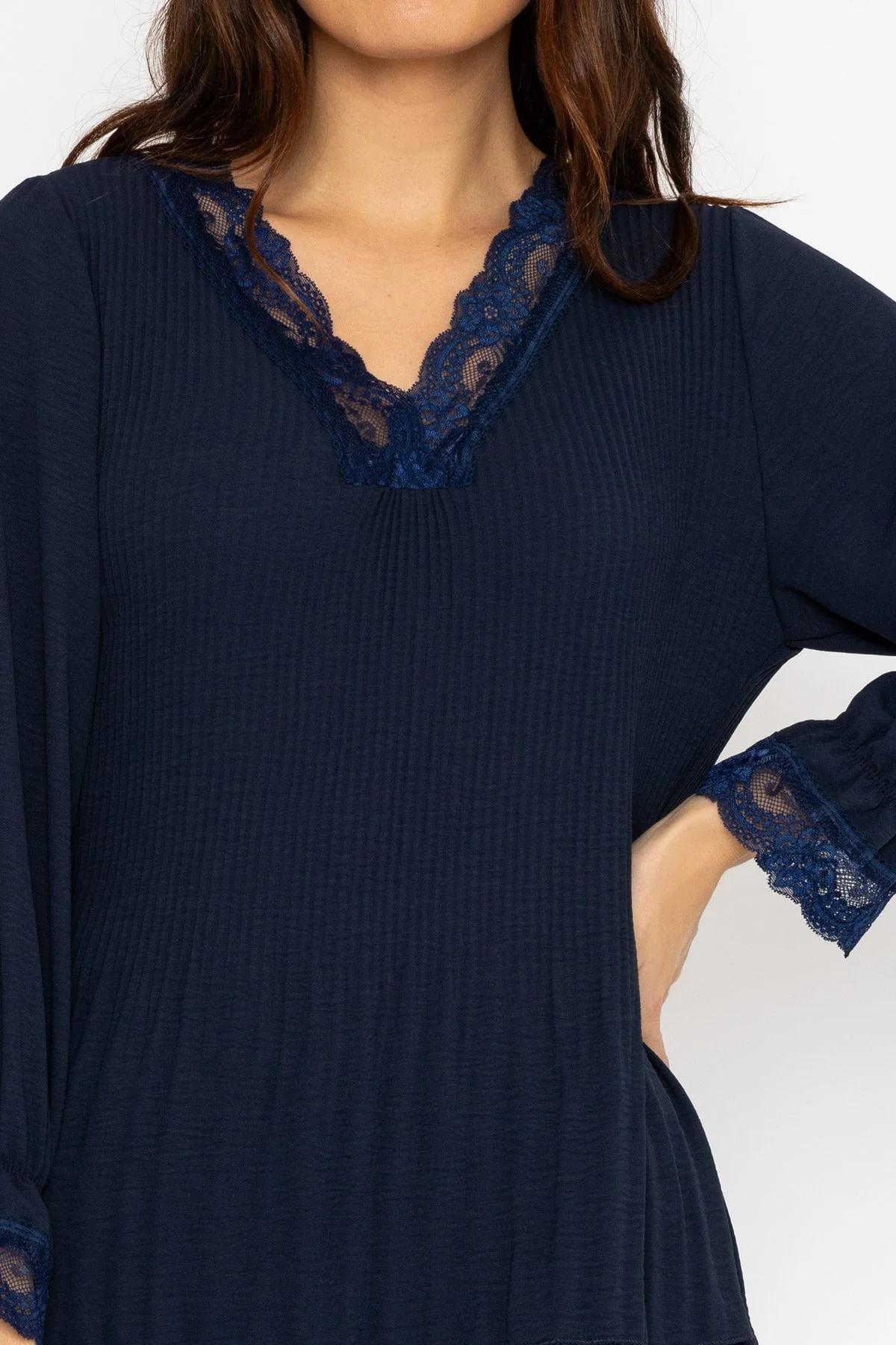 Pleated Lace Trim Top in Navy