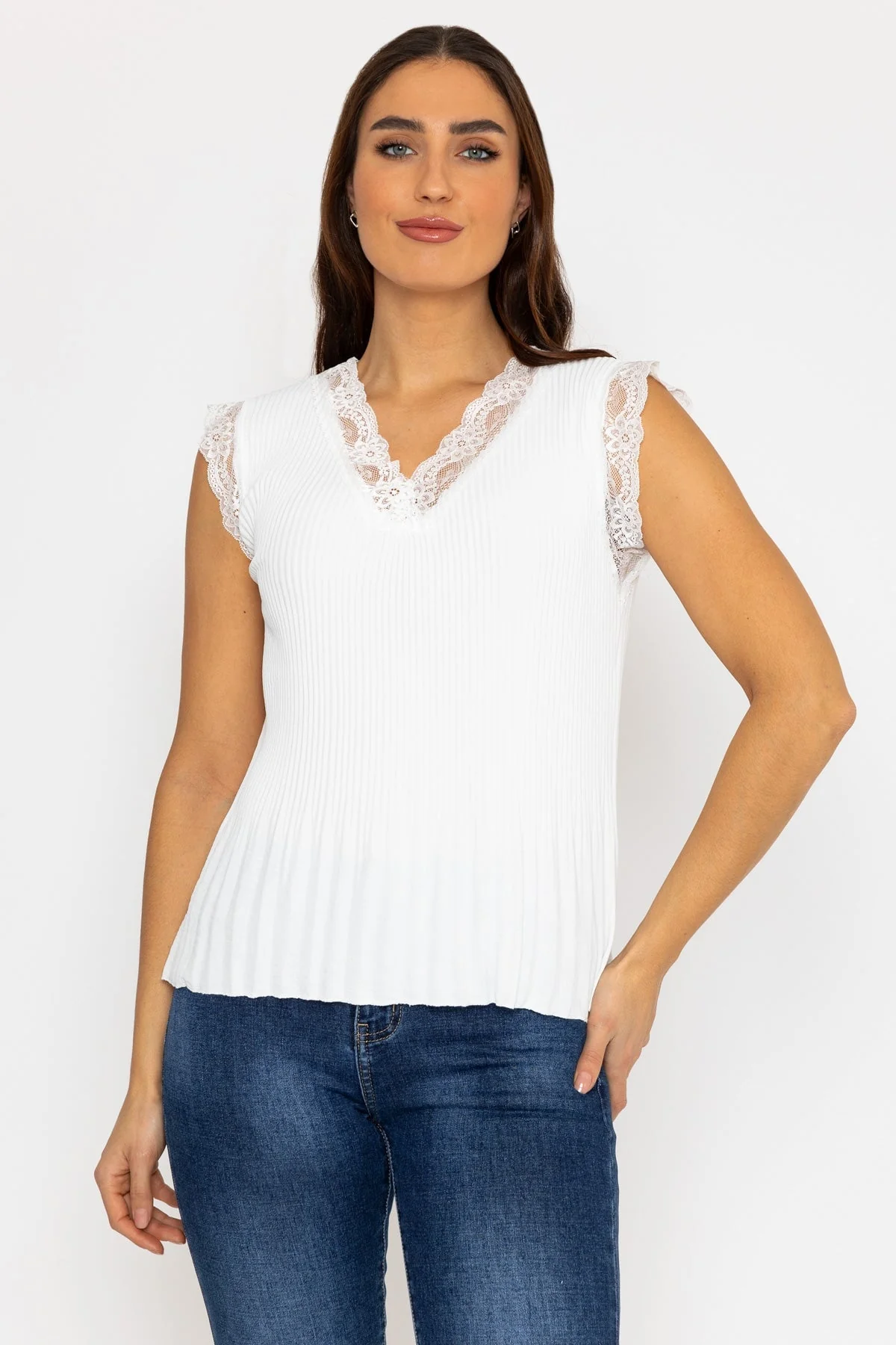Cap Sleeve Lace Trim Pleated Top in Ecru