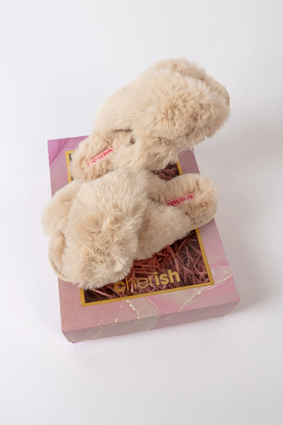 Boxed Cream Faux Fur Quilted Slipper