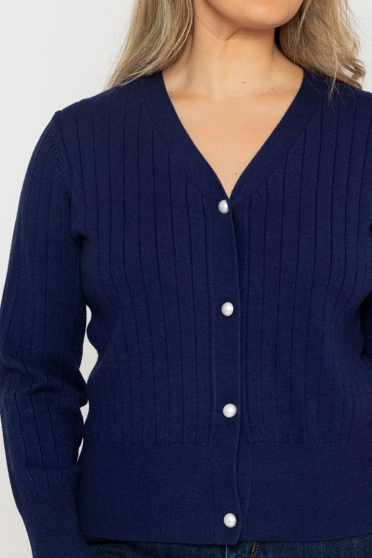 Rib Crop Cardigan in Navy
