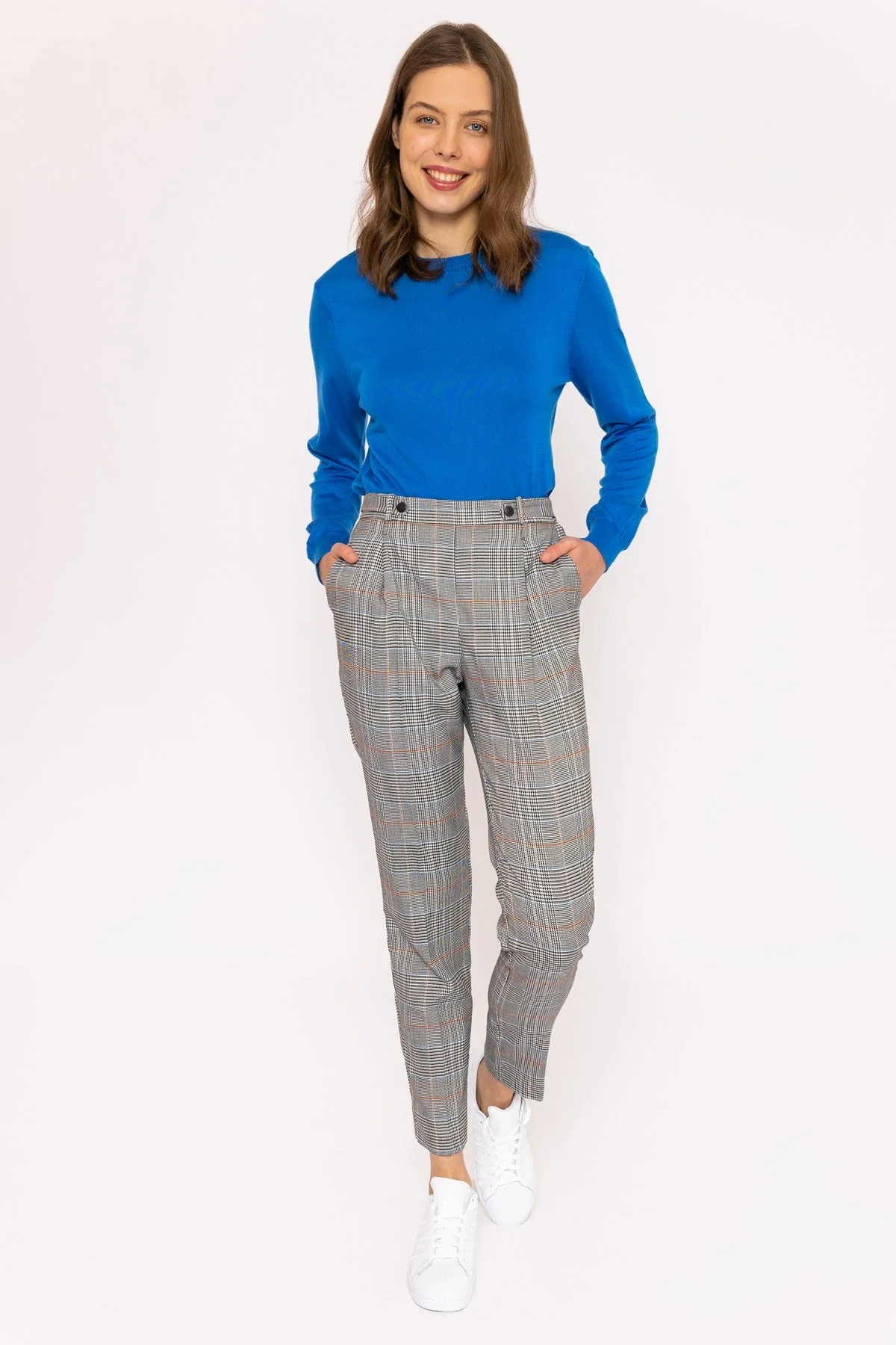 Button Detail Tailored Pant in Check Print