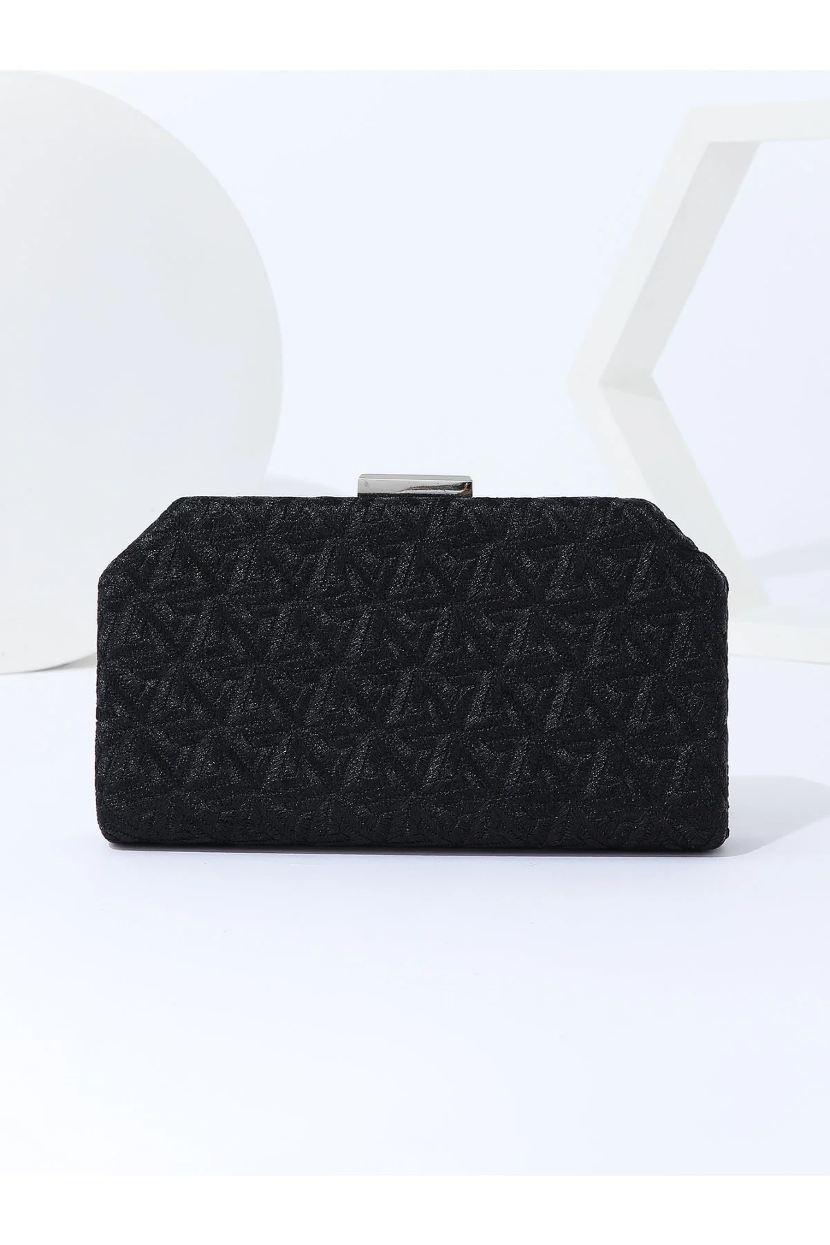 Embroidered Hardshell Clutch Bag in Black