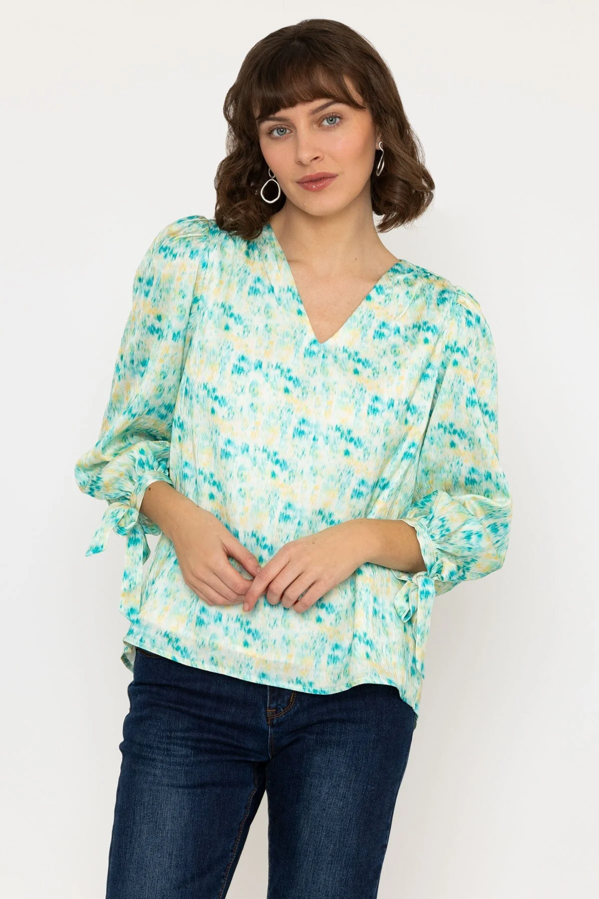 Tie Sleeve Top in Green Print