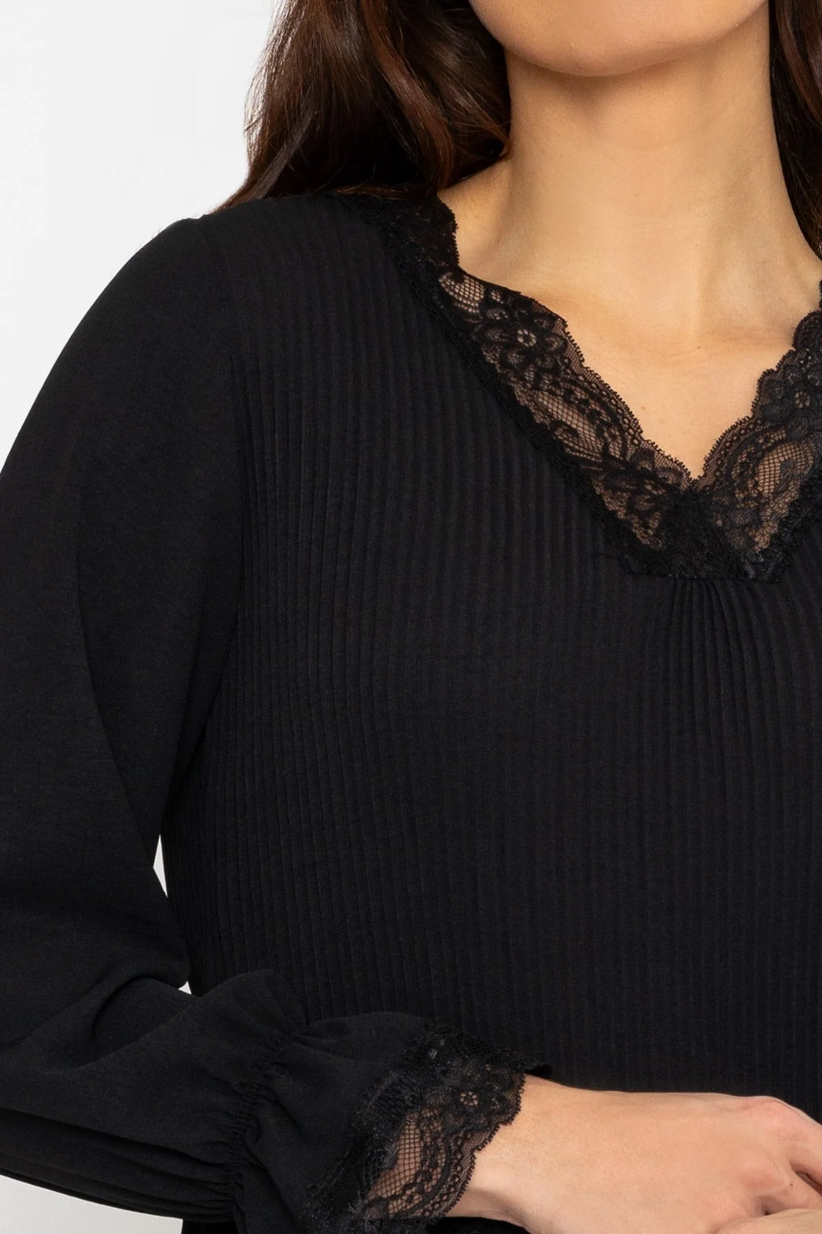 Pleated Lace Trim Top in Black