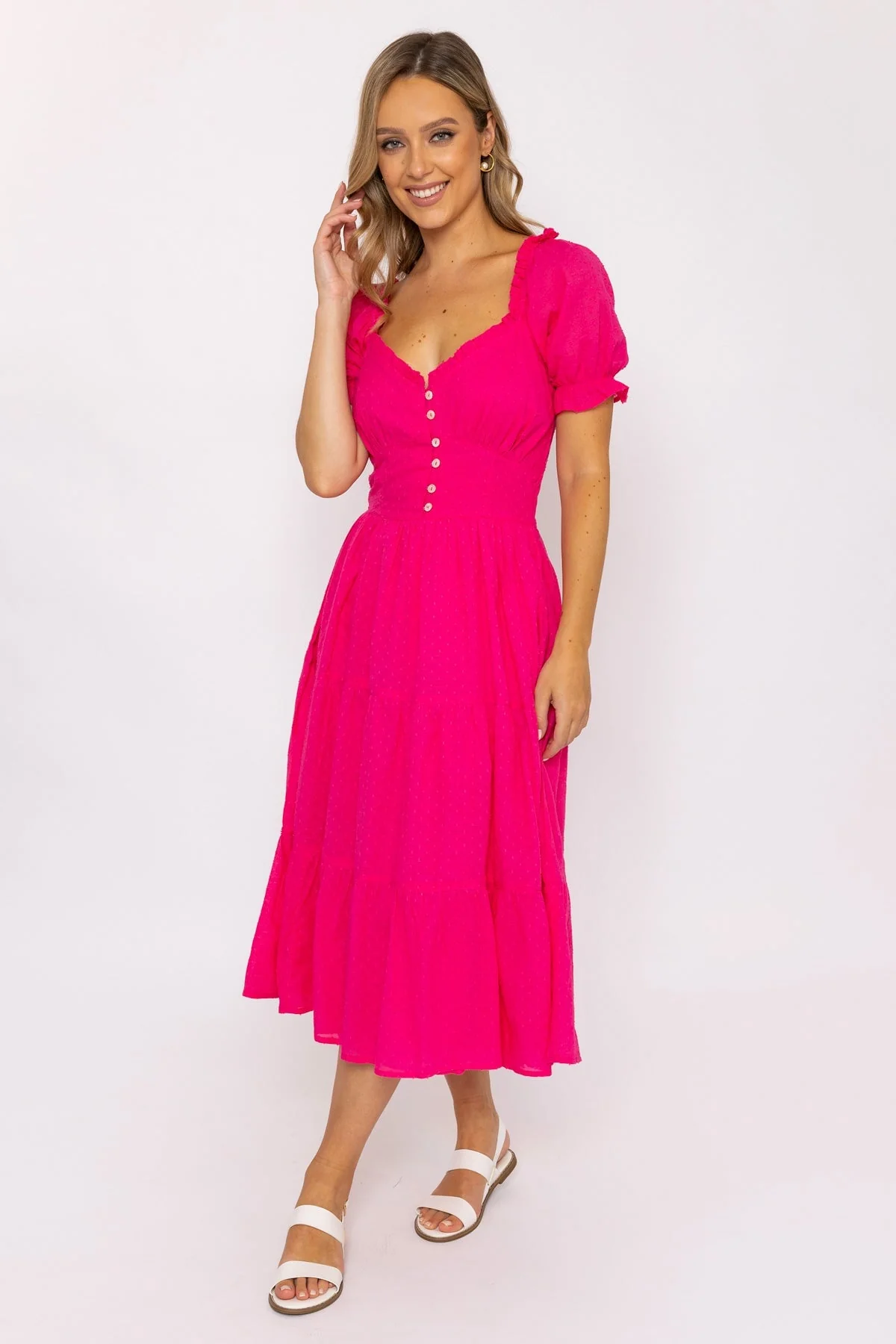 Pink Puff Sleeve Midi Dress