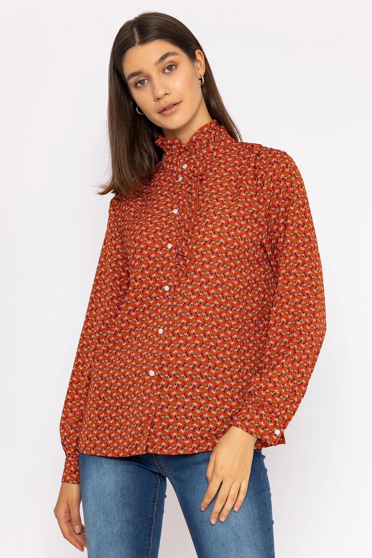 Ruffle Blouse in Rust Print