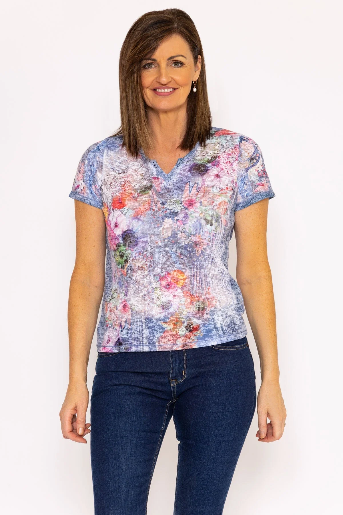 Abstract Printed V-Neck T-Shirt in Multi Print