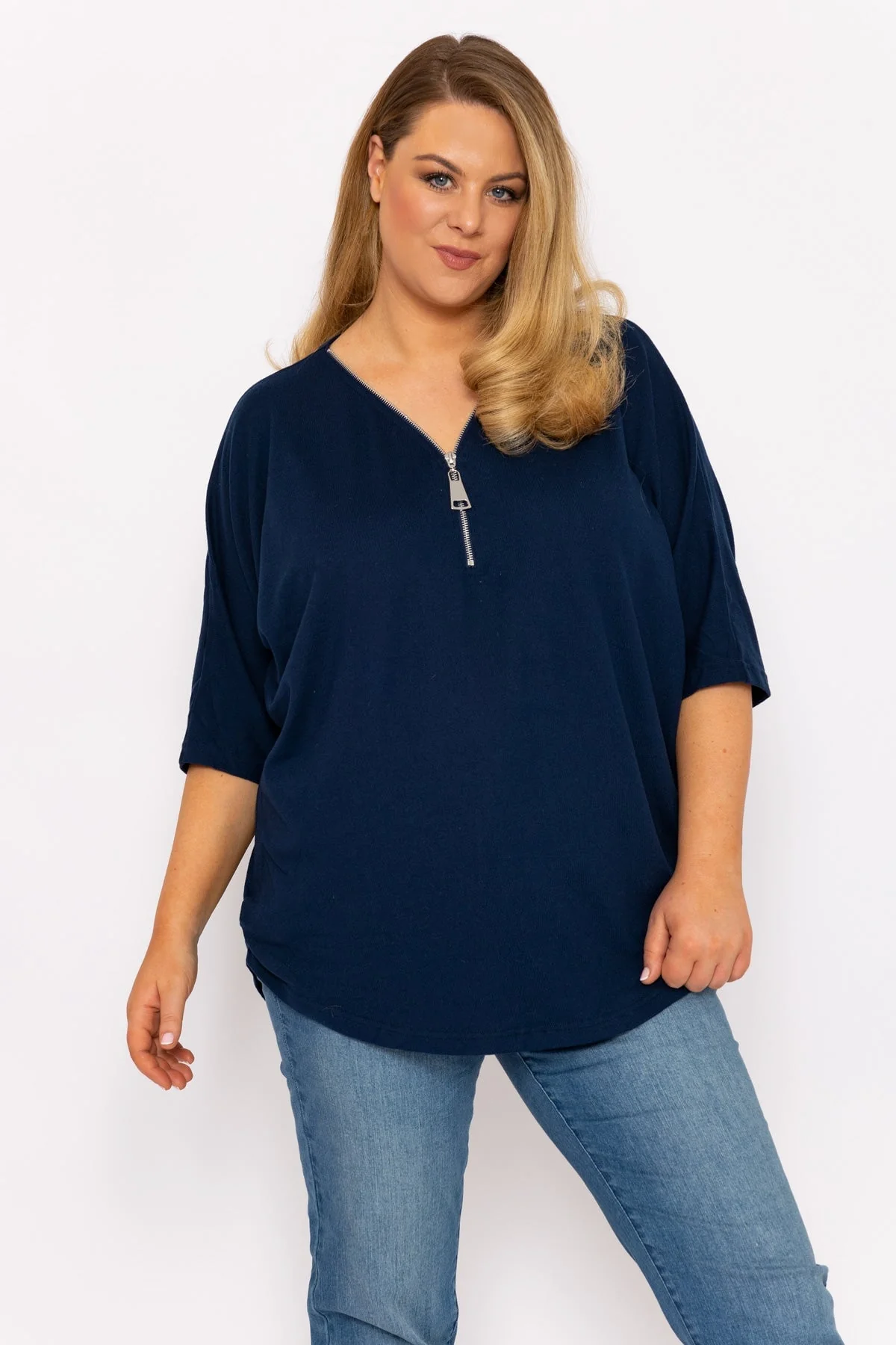 Curve - Plain Zip Front Top in Navy
