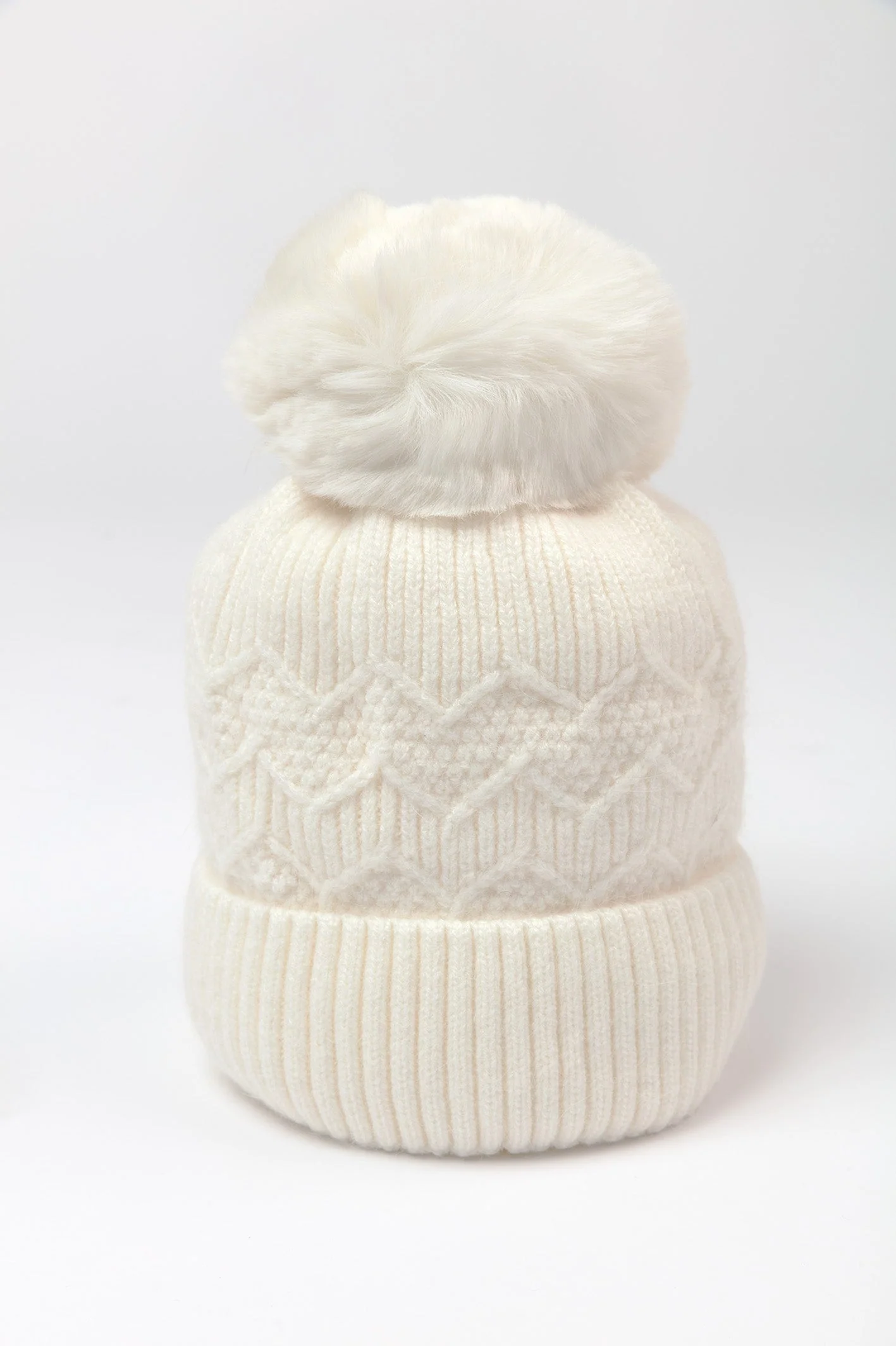 Cream Cable Knit Beanie with Pom