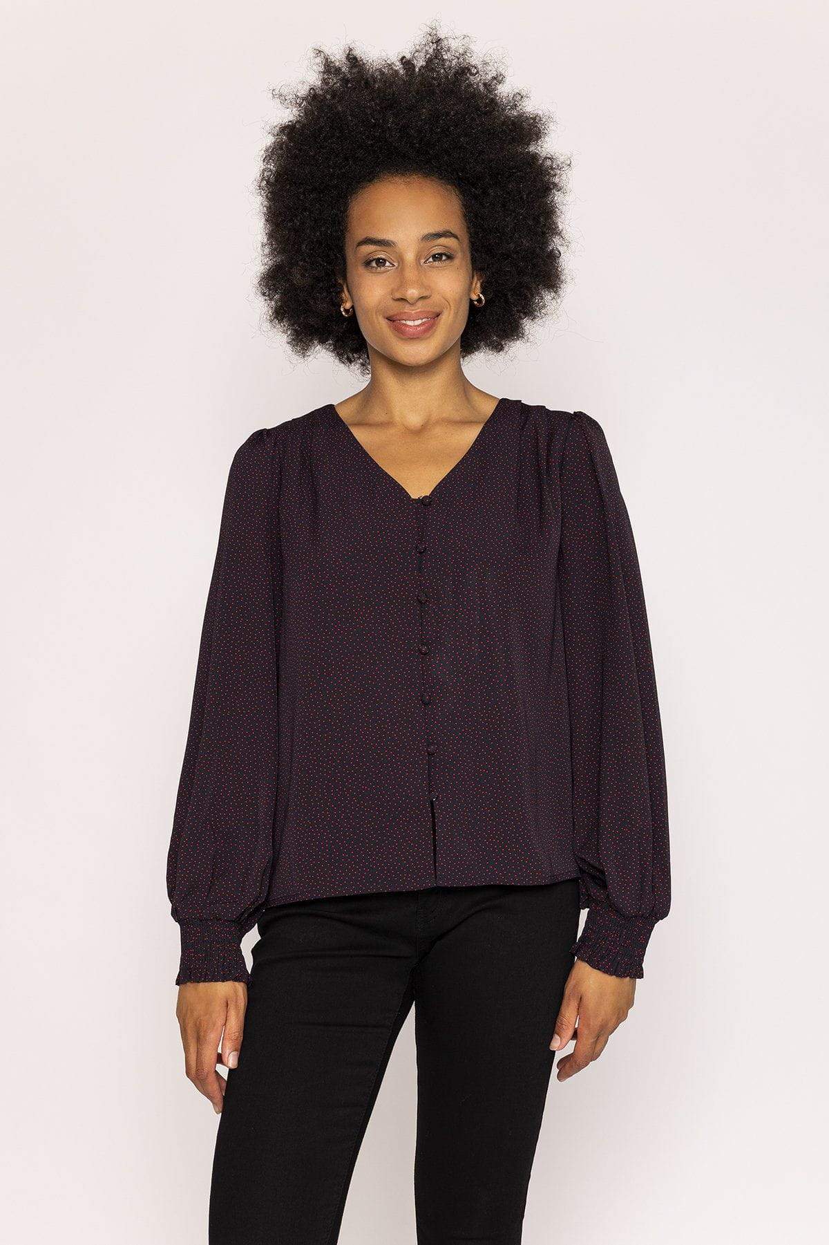 Polka Dot Print V Neck Top in Black