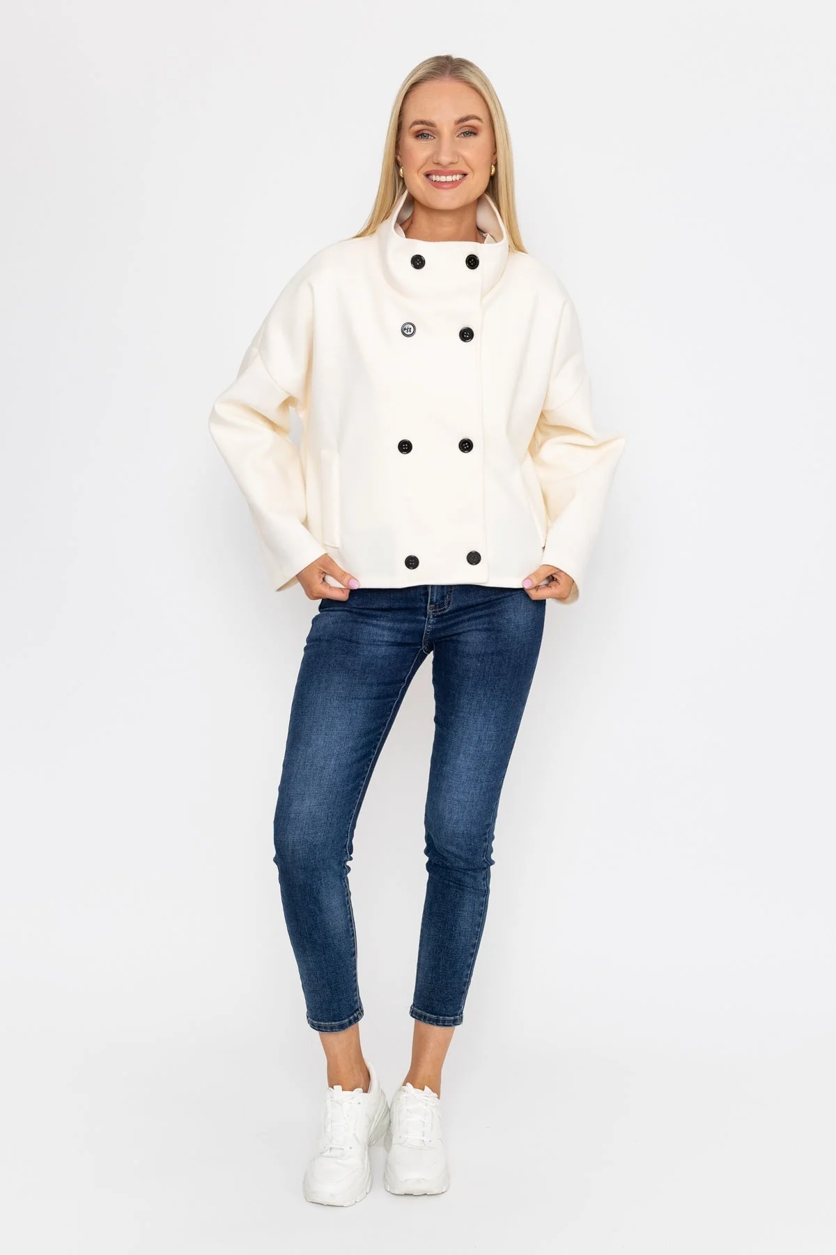 Short Funnel Neck Jacket in White