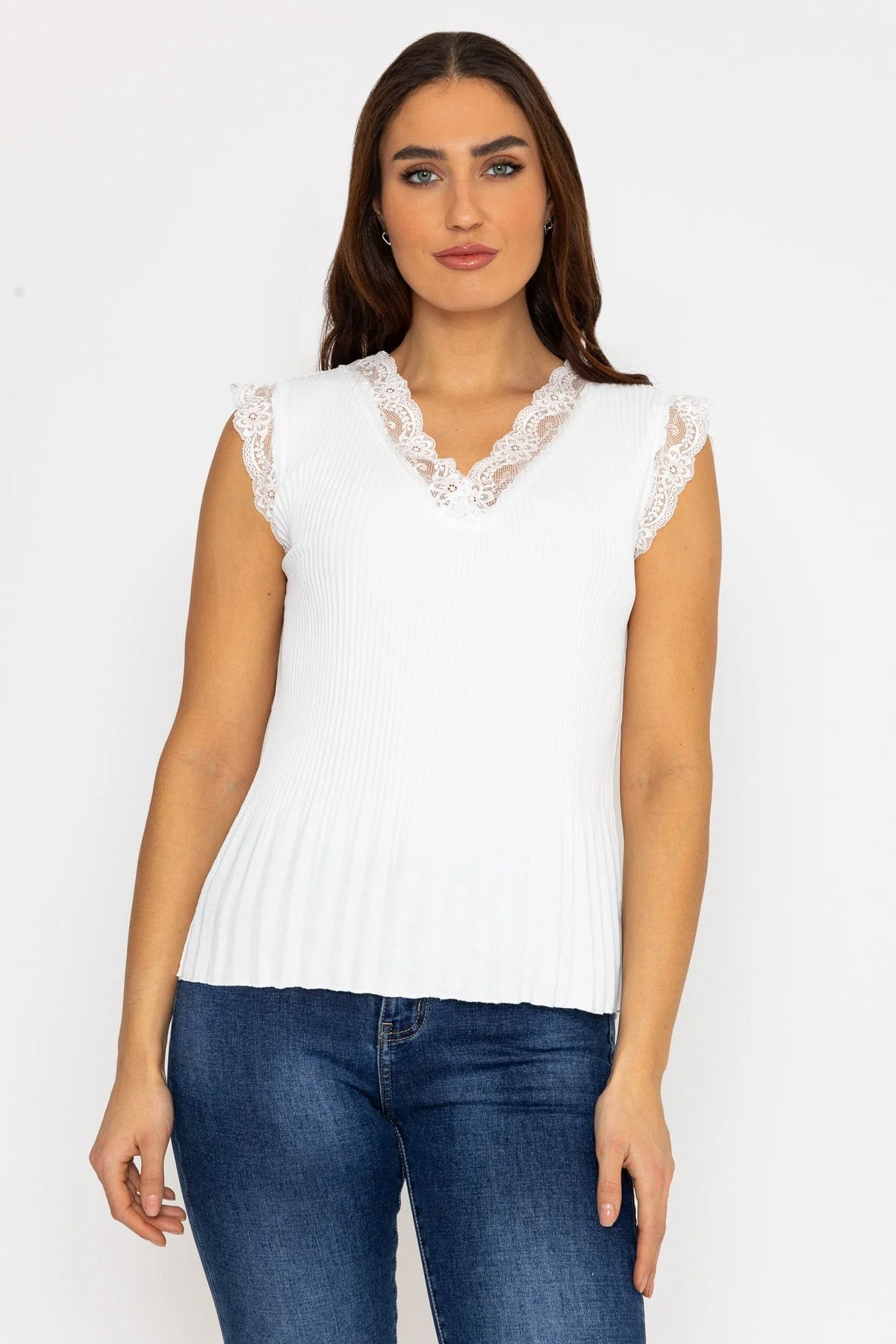 Cap Sleeve Lace Trim Pleated Top in Ecru