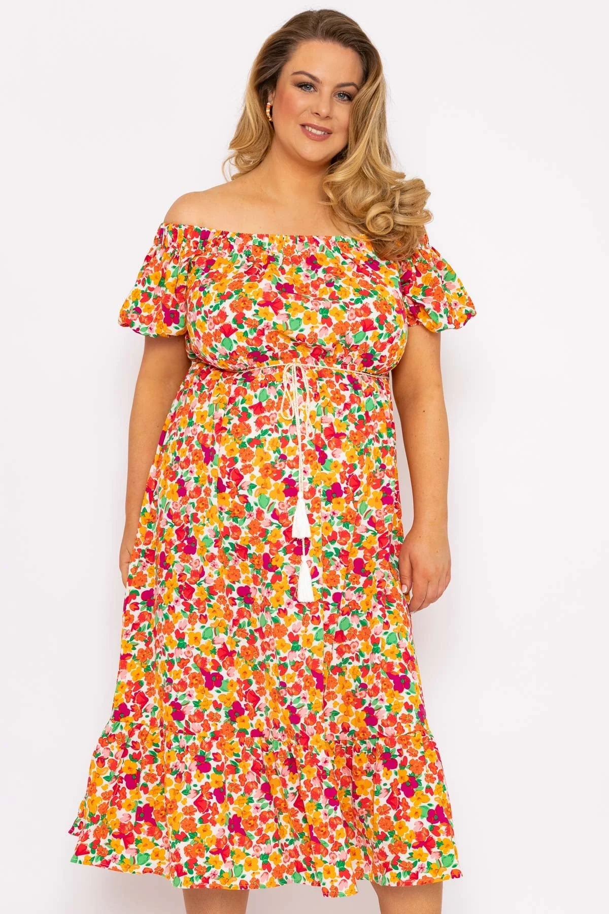 Curve - Bardot Floral Midi Dress in Multi