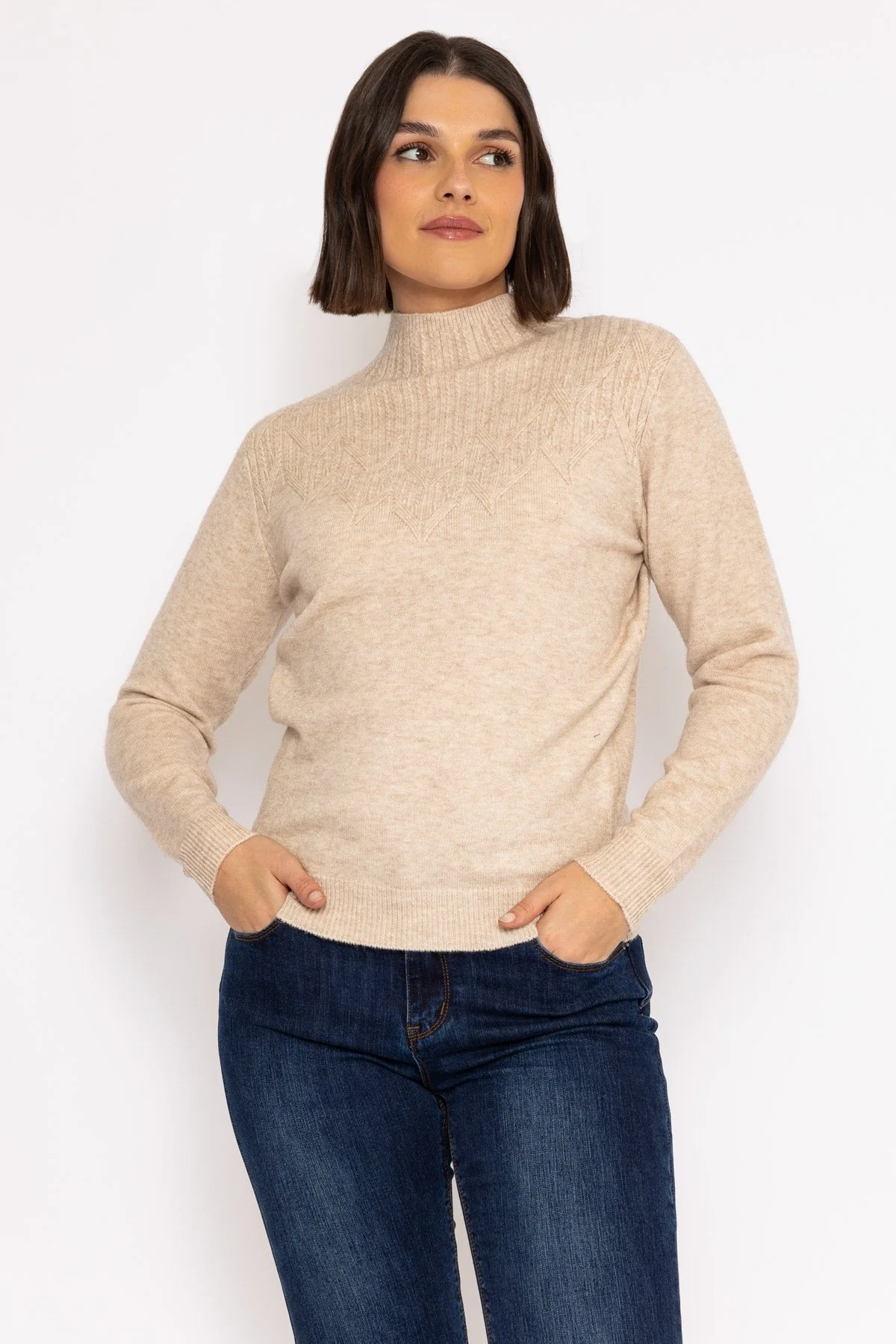 Textured High Neck Knit Ecru
