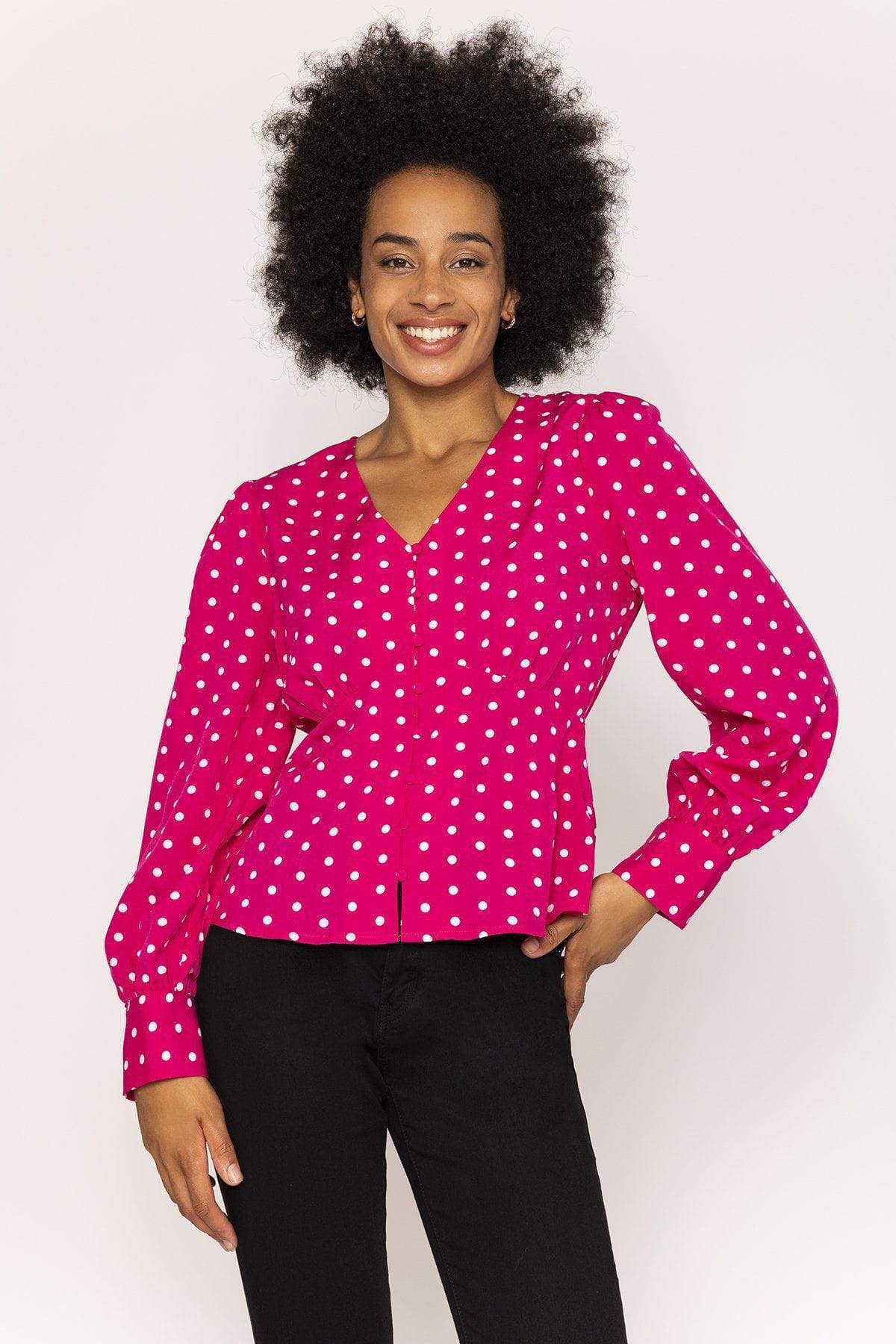 Polka Dot V-Neck Blouse in Pink