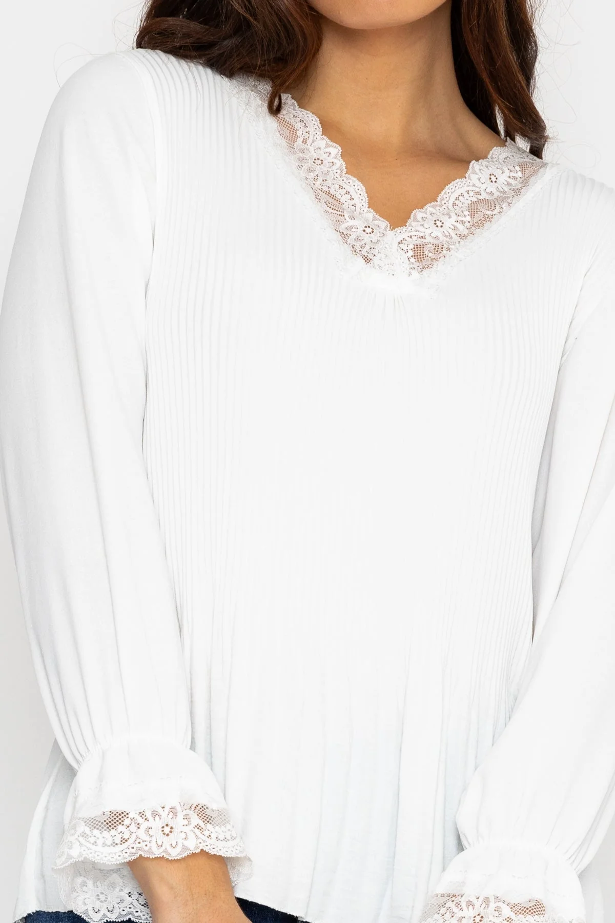 Pleated Lace Trim Top in Ecru