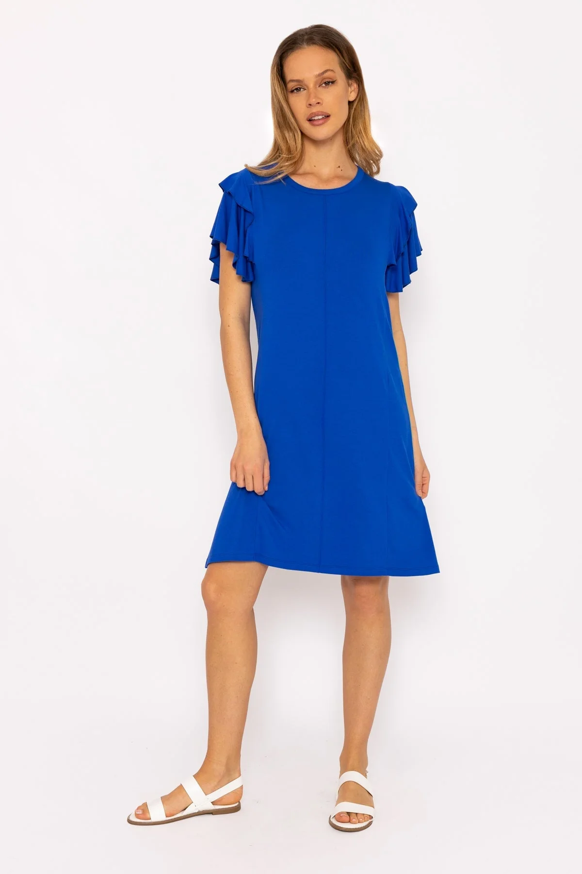 Blue Frill Sleeve Jersey Dress