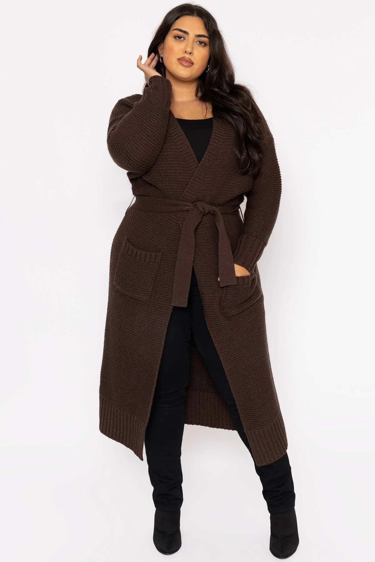 Curve - Long Belted Cardigan in Brown