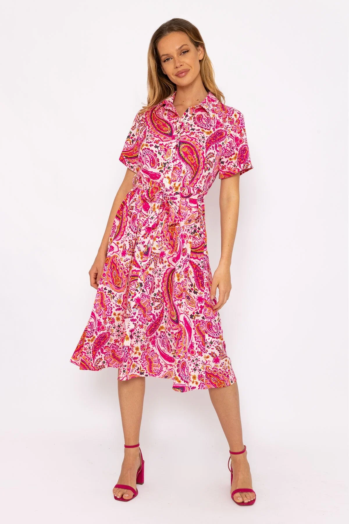 Pink Printed Shirt Midi Dress