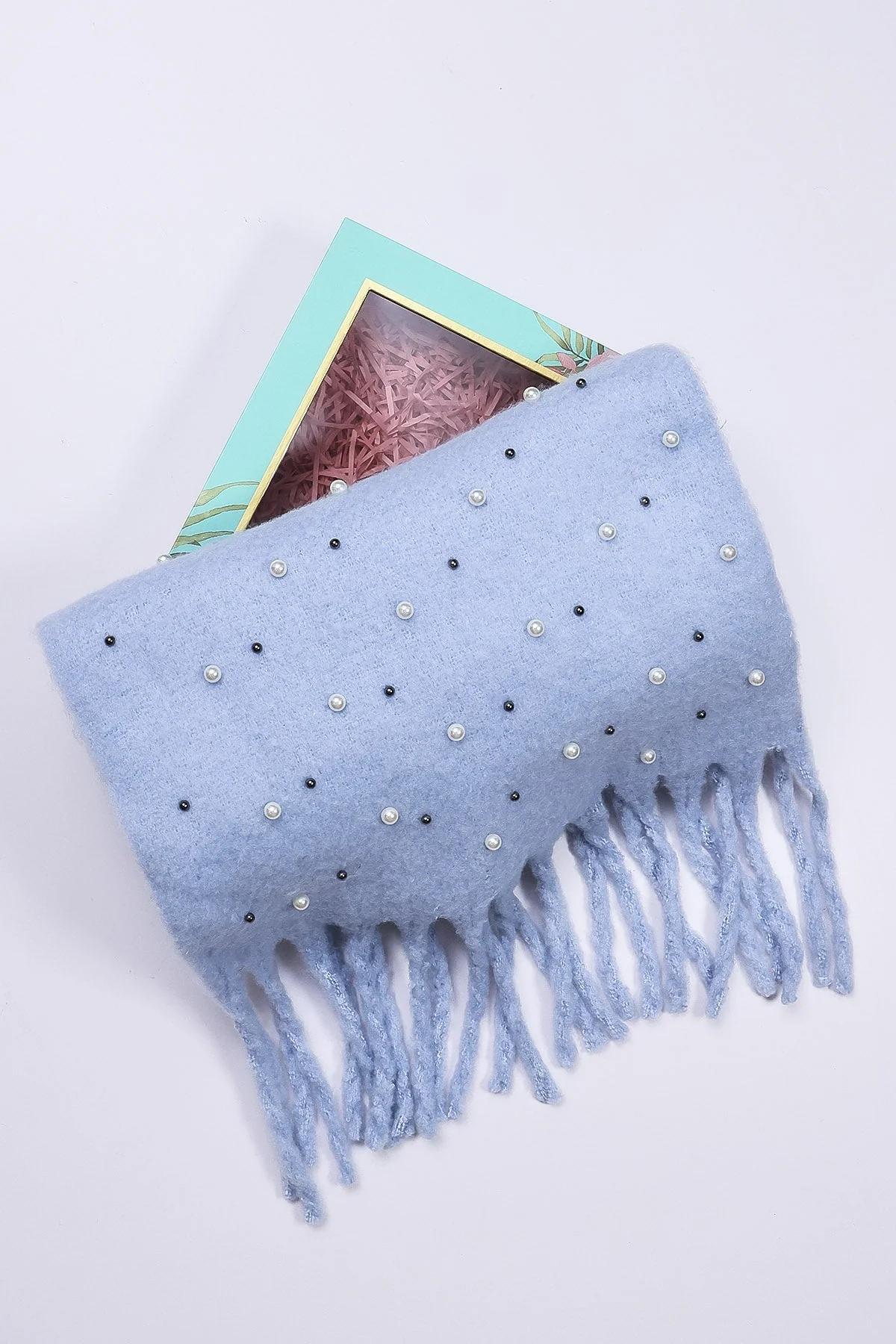 Gift Boxed Pearl Detail Scarf in Blue