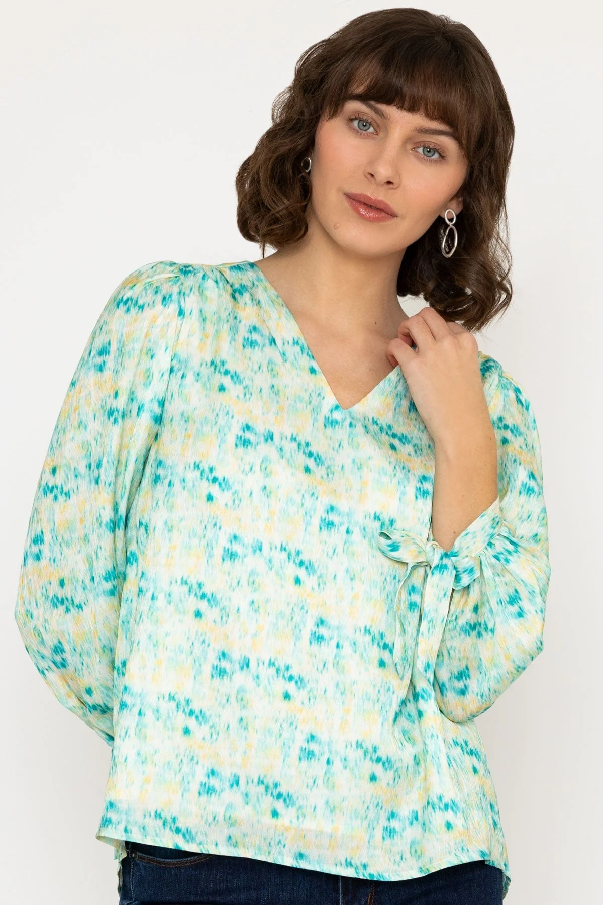 Tie Sleeve Top in Green Print