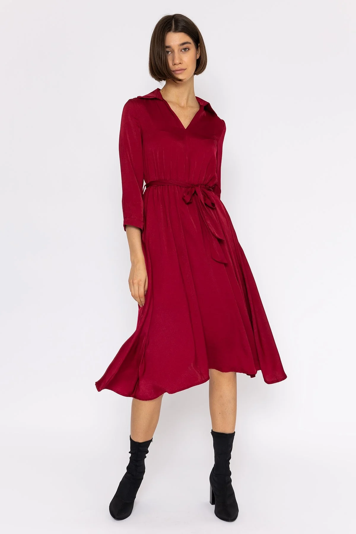 Satin V-Neck Dress in Burgundy