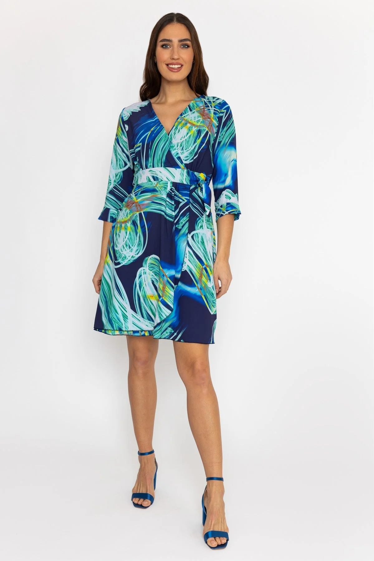 Carly Knee Length Dress in Aqua Print