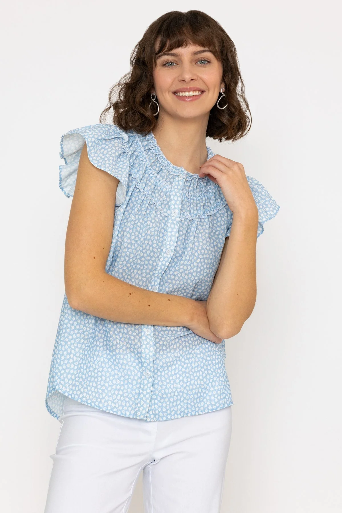 Ruffle Blouse in Blue Print