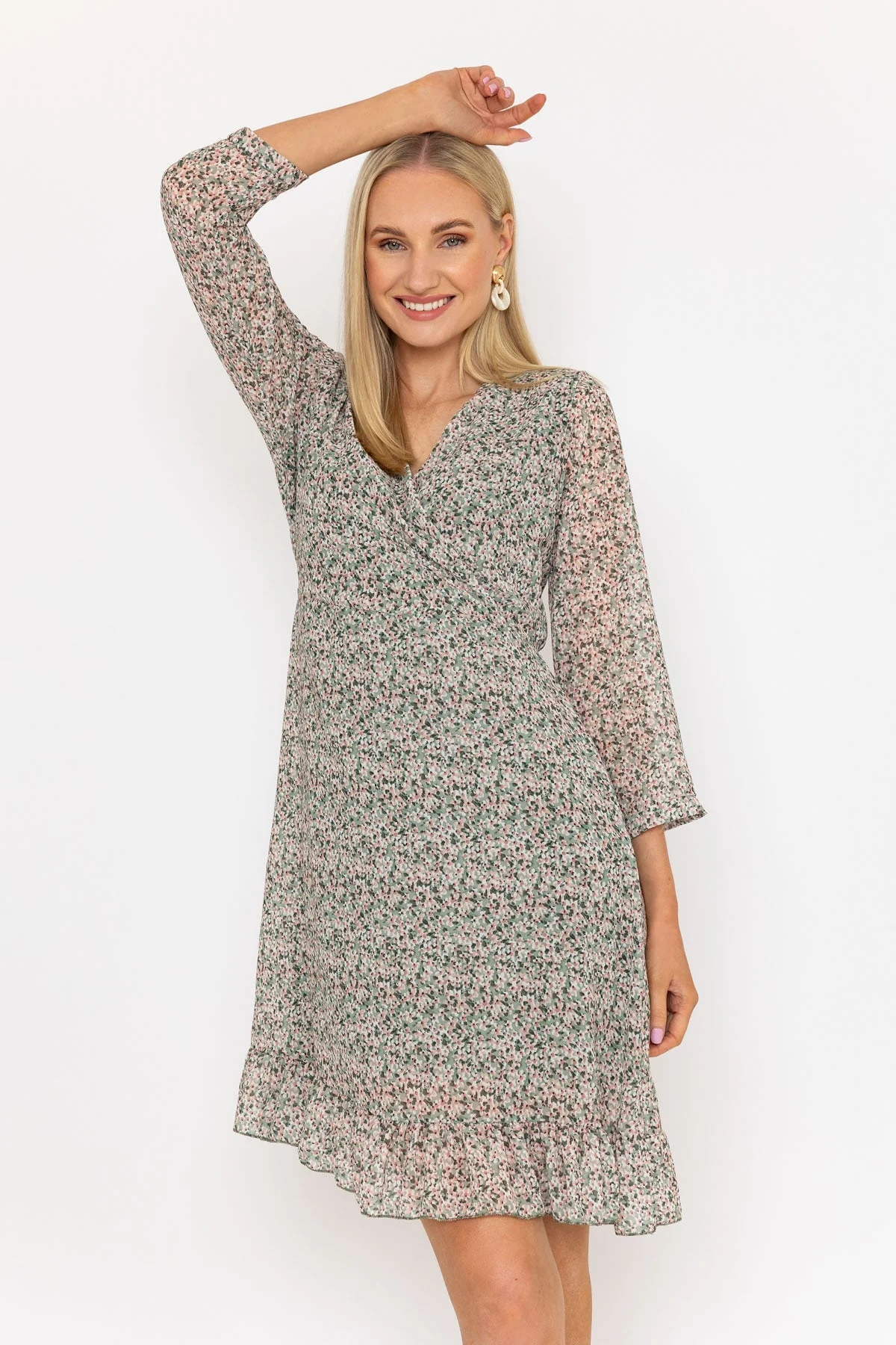 Roisin Knee Length Dress in Khaki Print