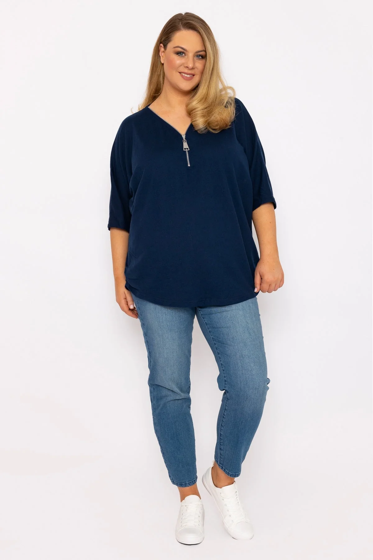 Curve - Plain Zip Front Top in Navy