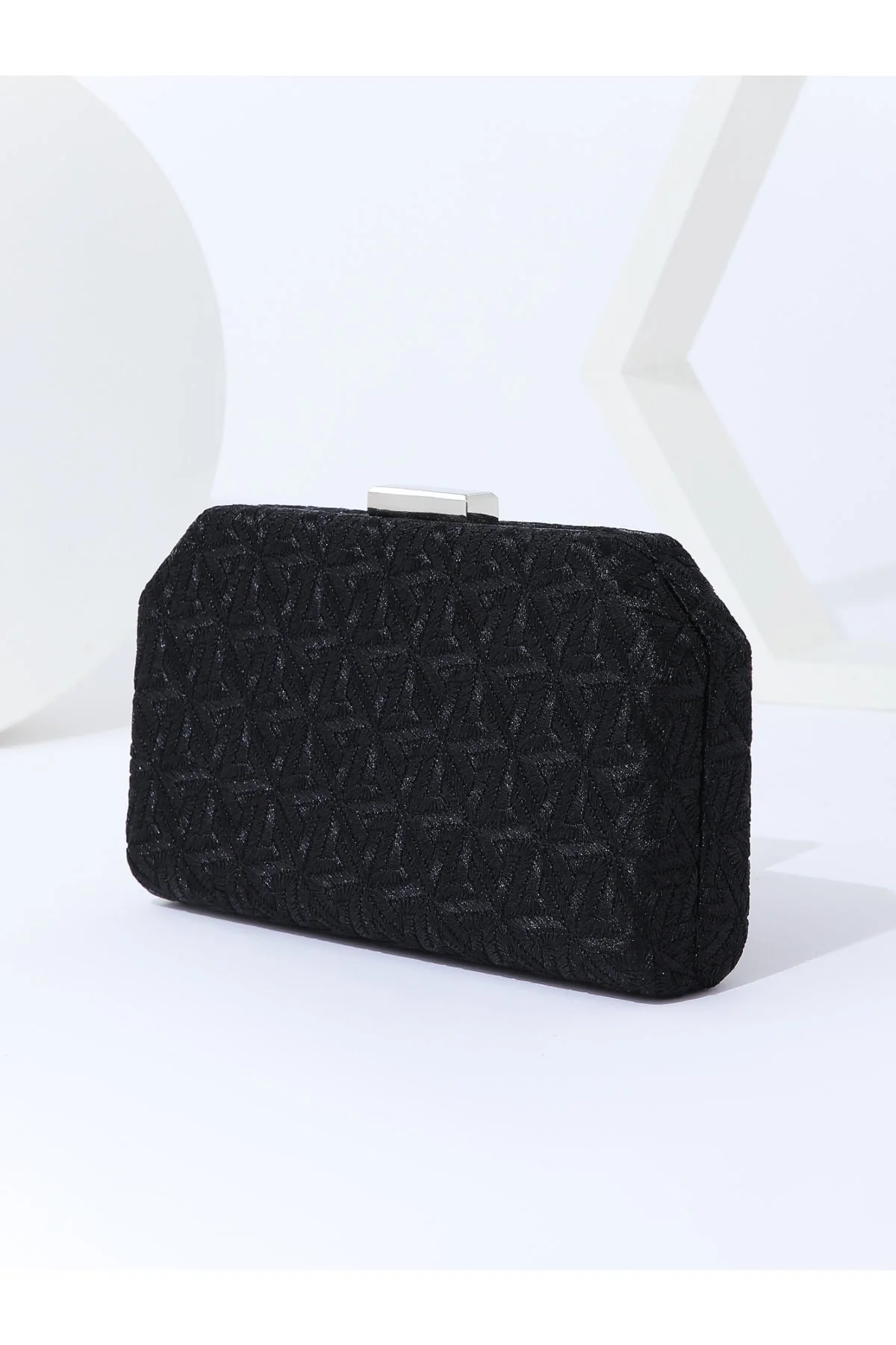 Embroidered Hardshell Clutch Bag in Black